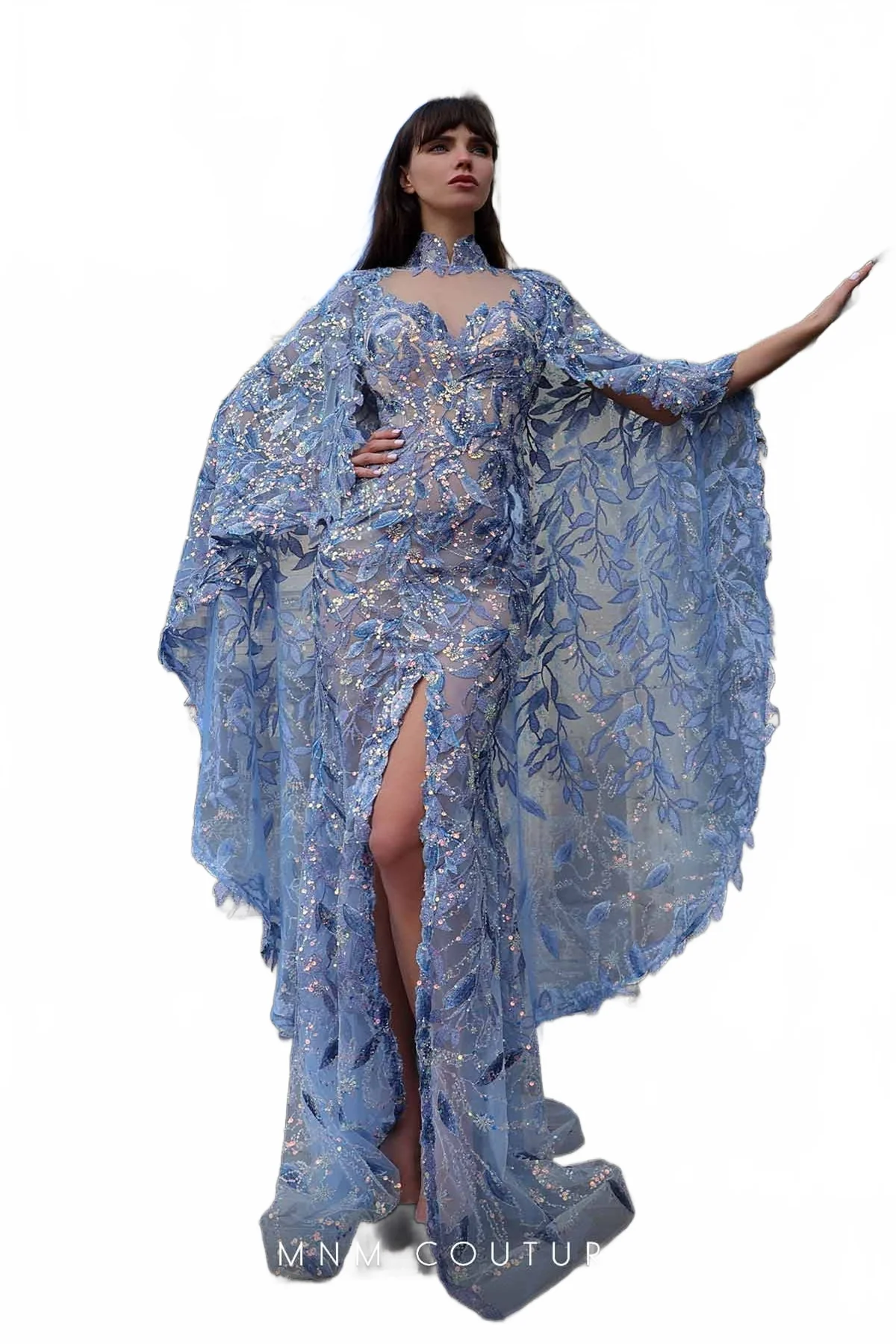 MNM Couture K4012 Blue Sheer Embellished Gown with Cape Sleeves - Image 5