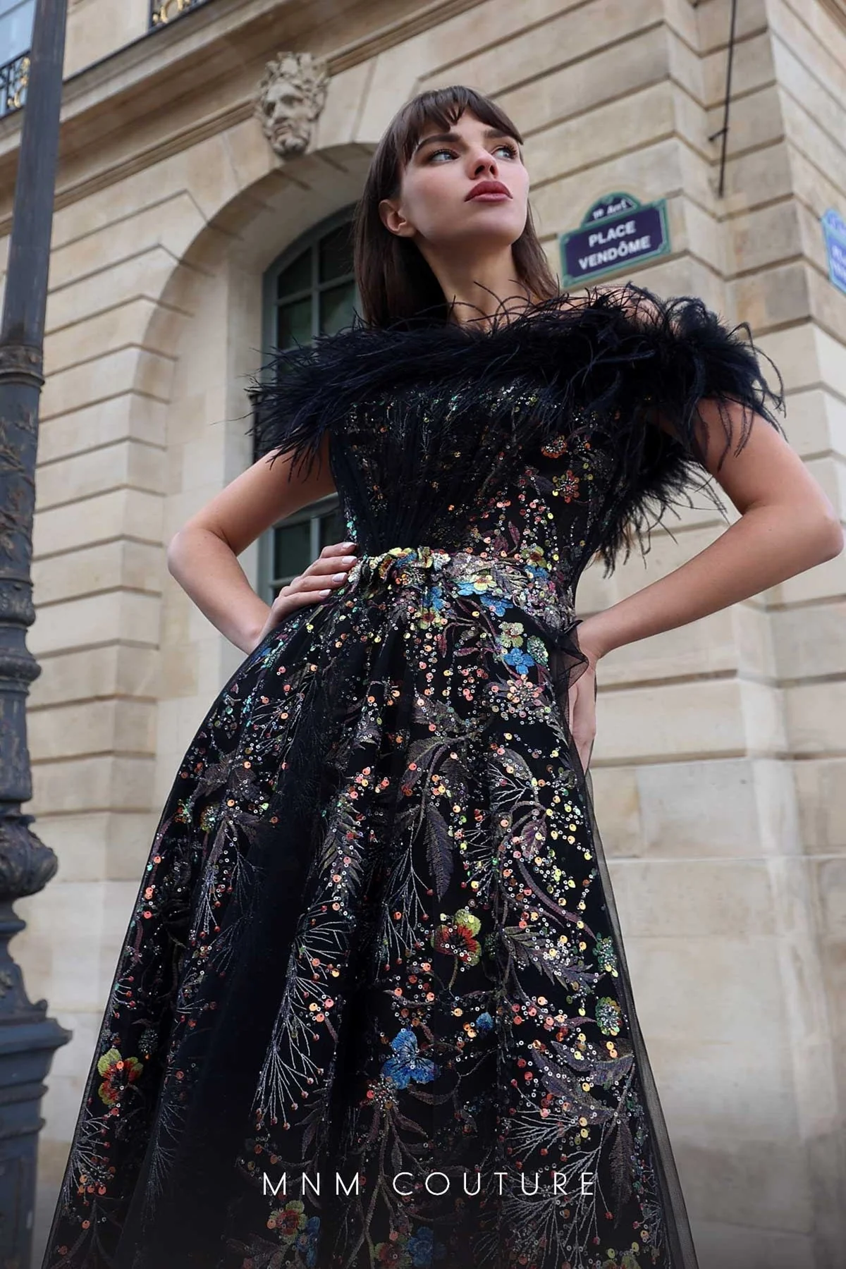Black Feather-Shoulder Ball Gown by MNM Couture K4021 - Image 2