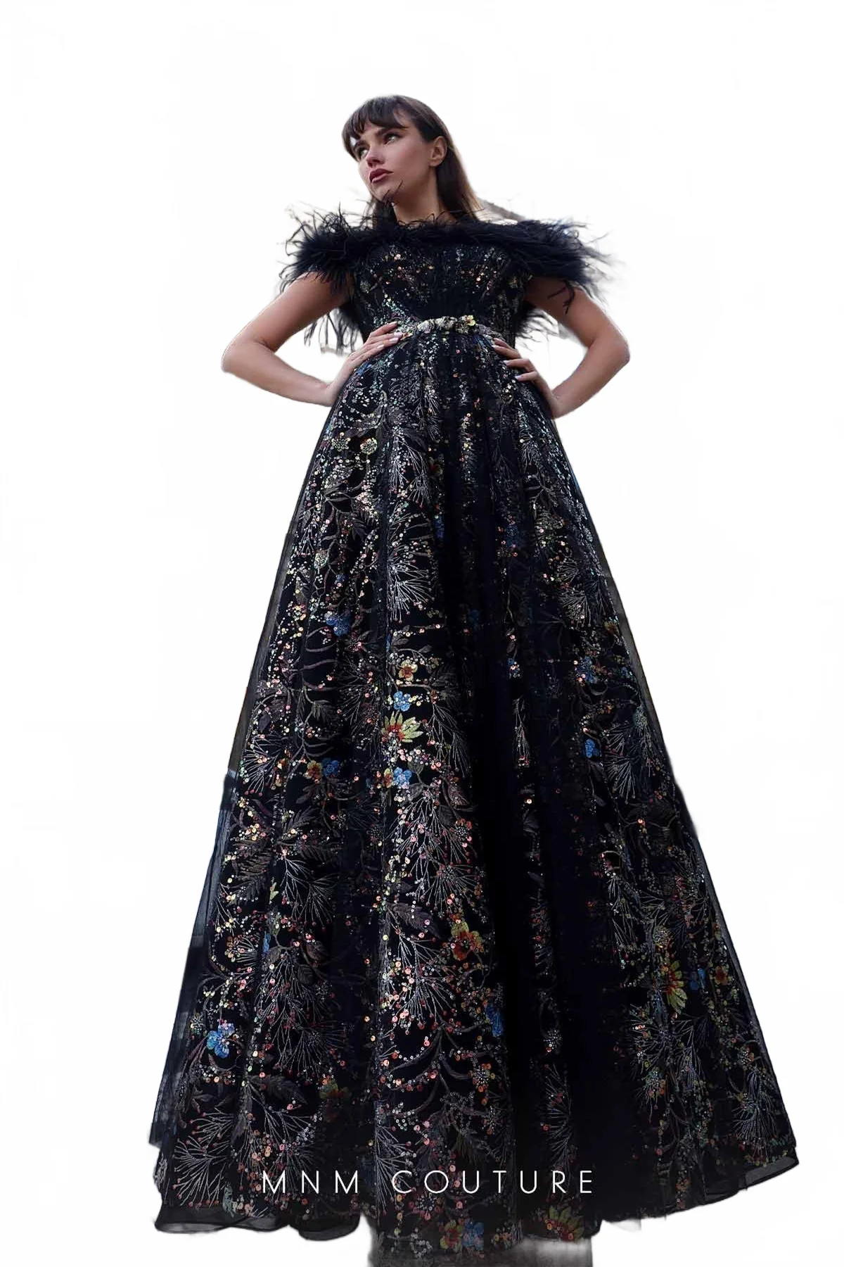Black Feather-Shoulder Ball Gown by MNM Couture K4021 - Image 5