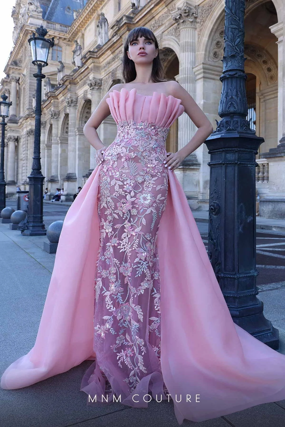 MNM Couture K4023 Strapless Pink Gown with Embellished Overskirt - Image 2