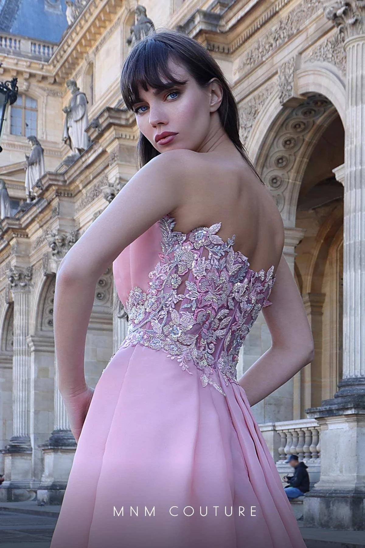 MNM Couture K4023 Strapless Pink Gown with Embellished Overskirt - Image 3
