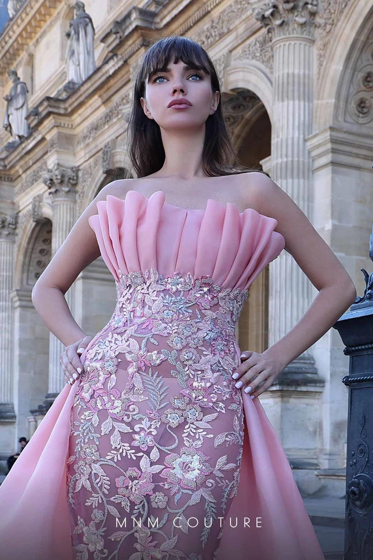 MNM Couture K4023 Strapless Pink Gown with Embellished Overskirt - Image 4
