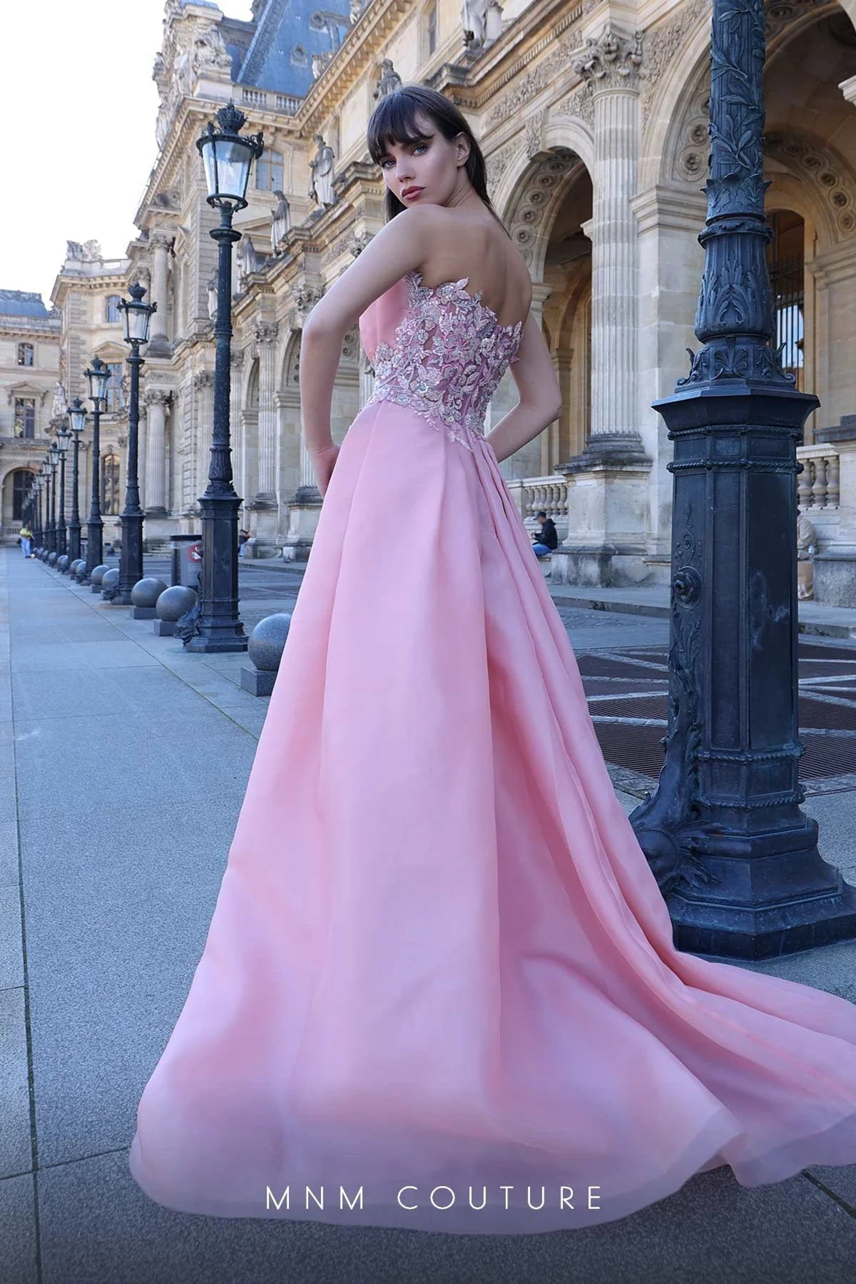 MNM Couture K4023 Strapless Pink Gown with Embellished Overskirt - Image 5