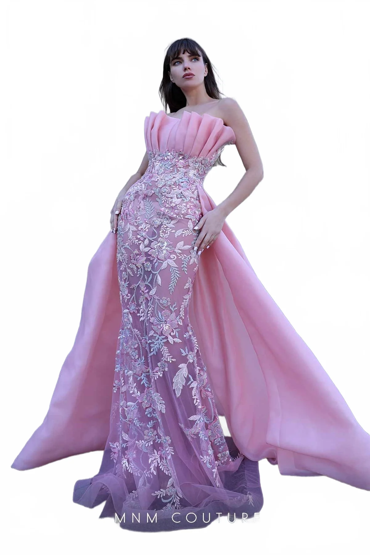 MNM Couture K4023 Strapless Pink Gown with Embellished Overskirt - Image 6