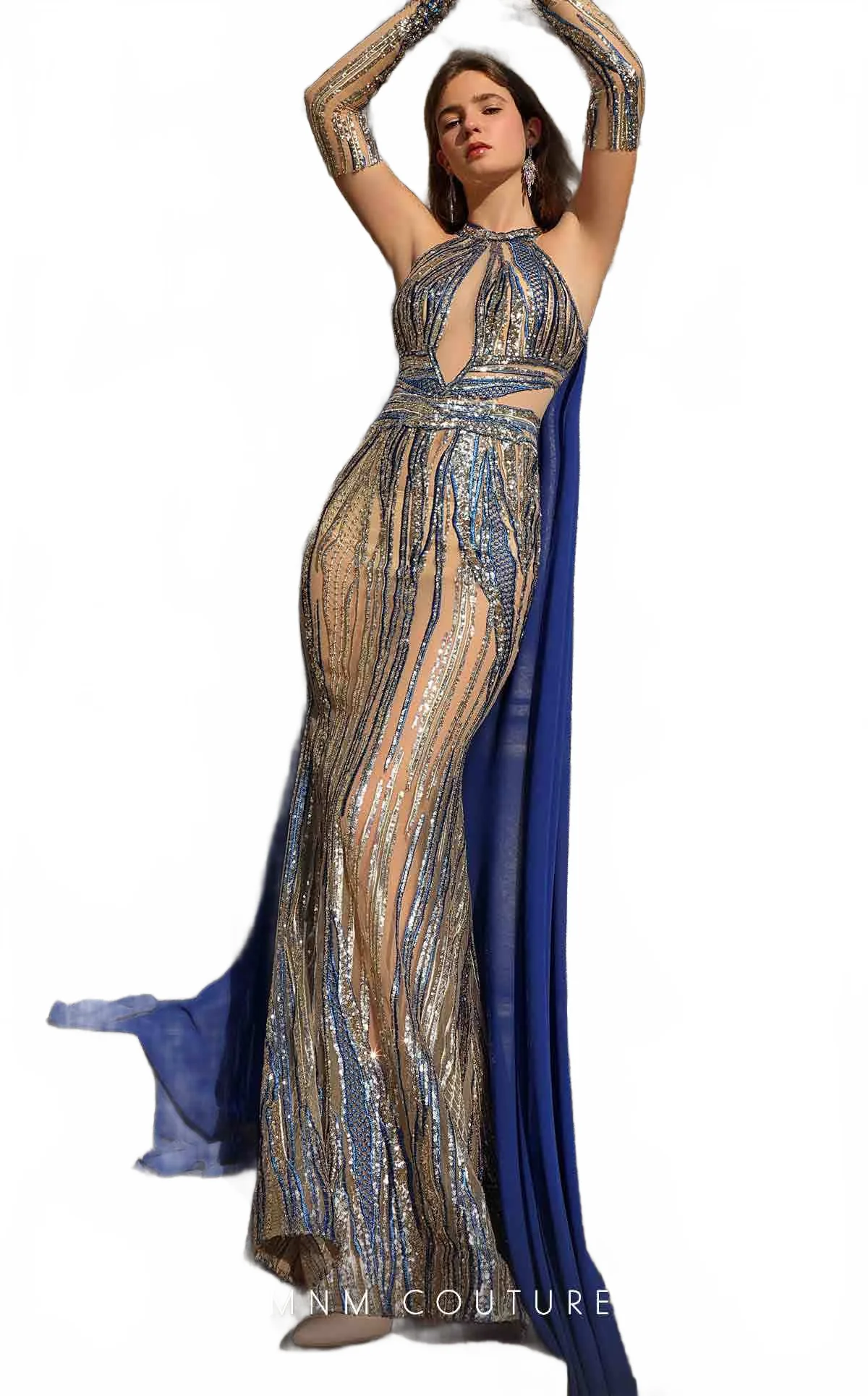 MNM Couture K4054 Blue Sequin Sheer Gown with Dramatic Cape - Image 6