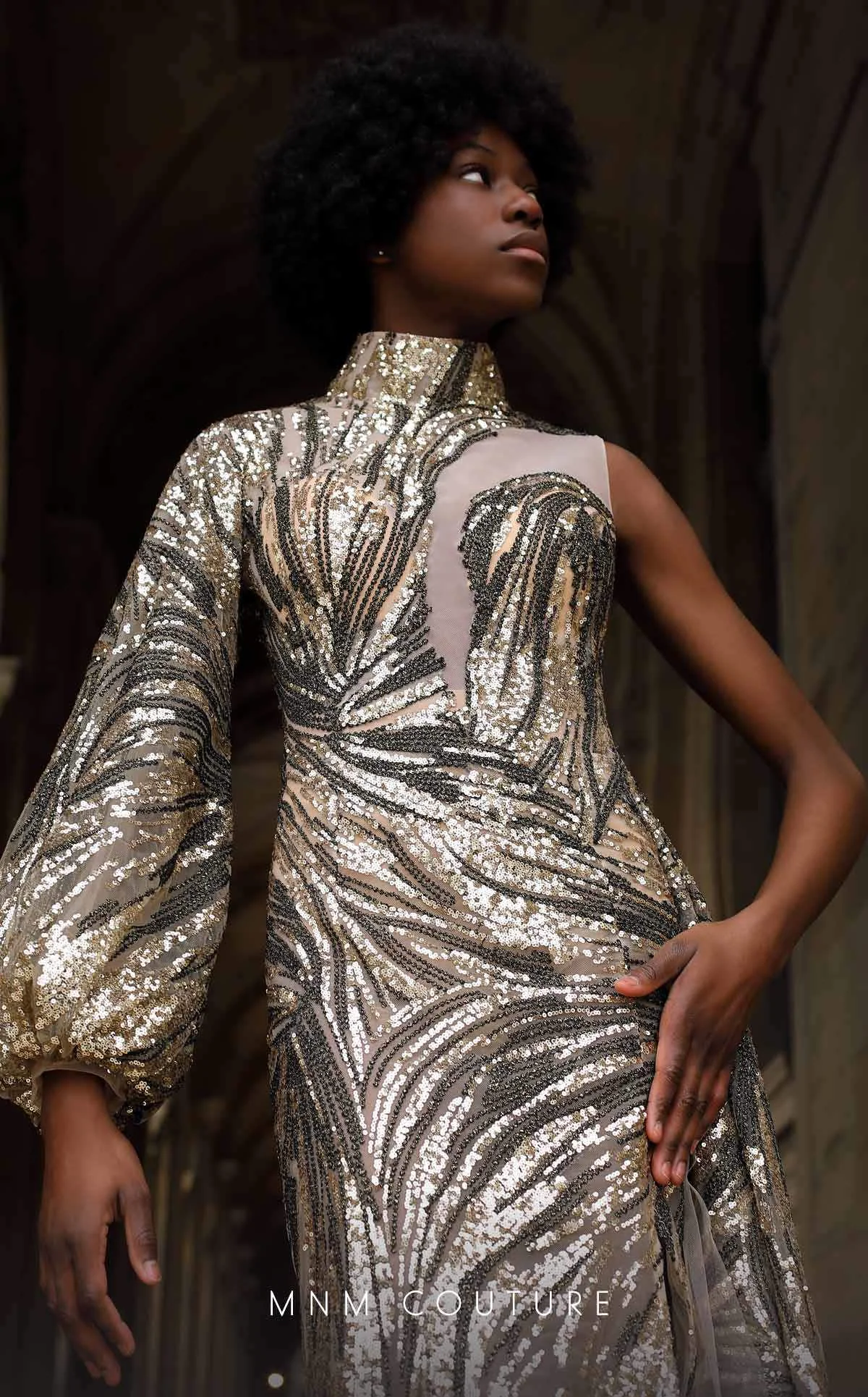 MNM Couture K4066 Metallic Sequin Gown with Sheer Accents - Image 2
