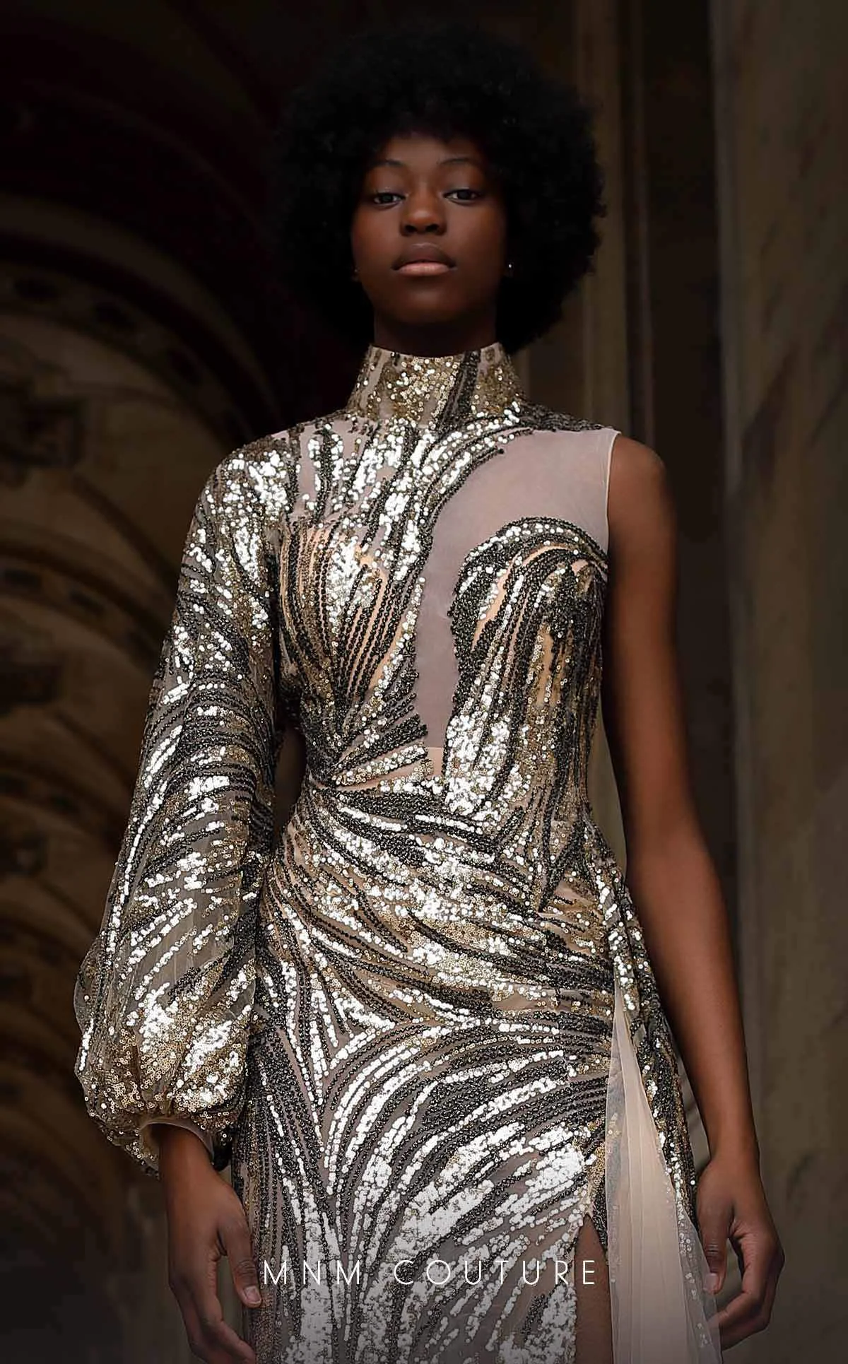 MNM Couture K4066 Metallic Sequin Gown with Sheer Accents - Image 3