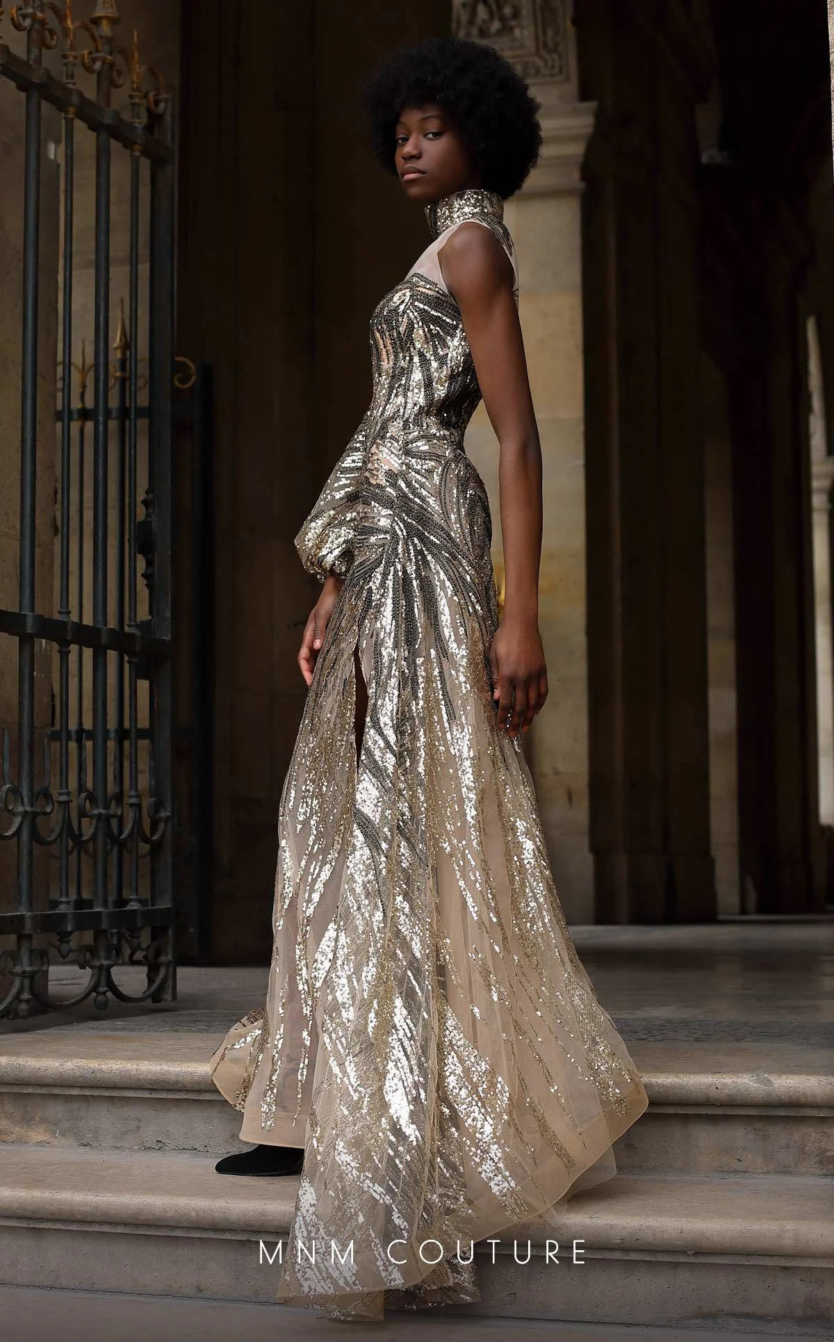 MNM Couture K4066 Metallic Sequin Gown with Sheer Accents - Image 4