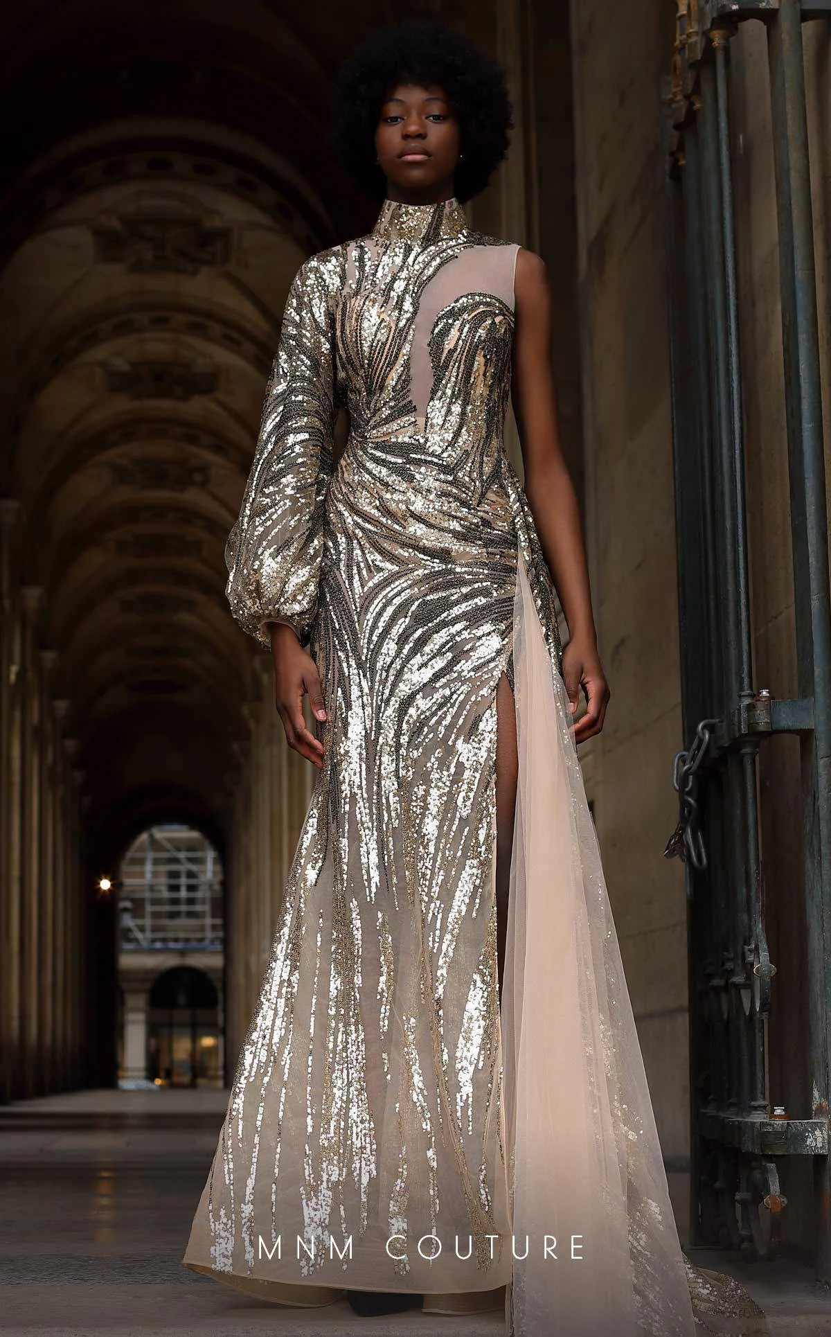 MNM Couture K4066 Metallic Sequin Gown with Sheer Accents - Image 5