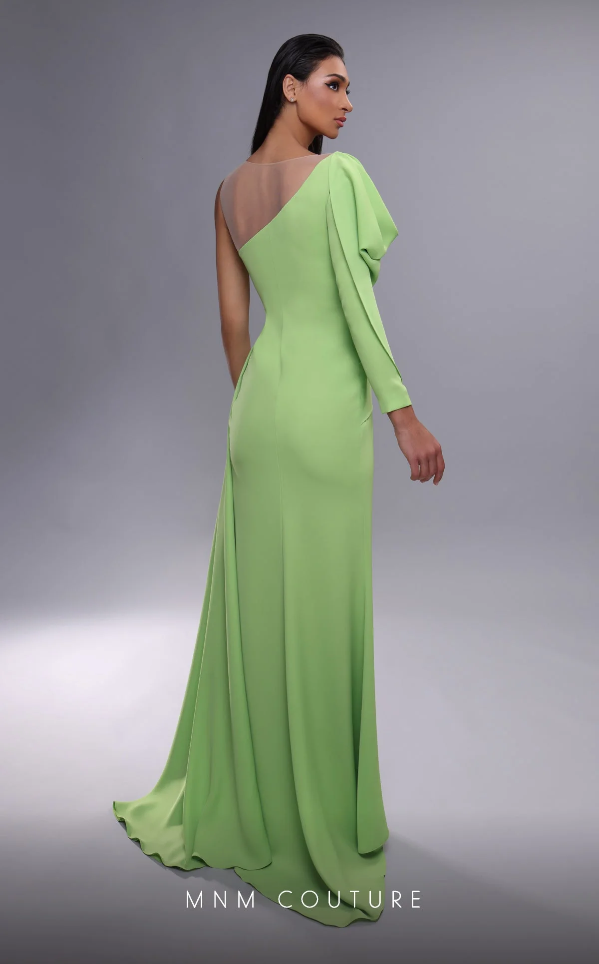 MNM Couture K4086 Orange Gown with Draped Puff Sleeves & High Slit - Image 2