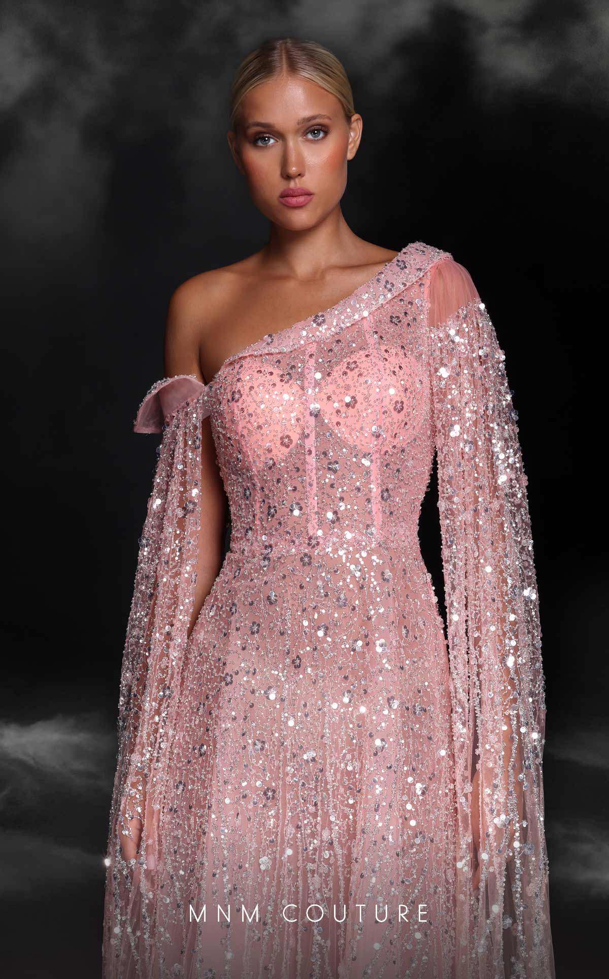 MNM Couture K4107 Salmon Asymmetric Gown with Cape Sleeves - Image 3