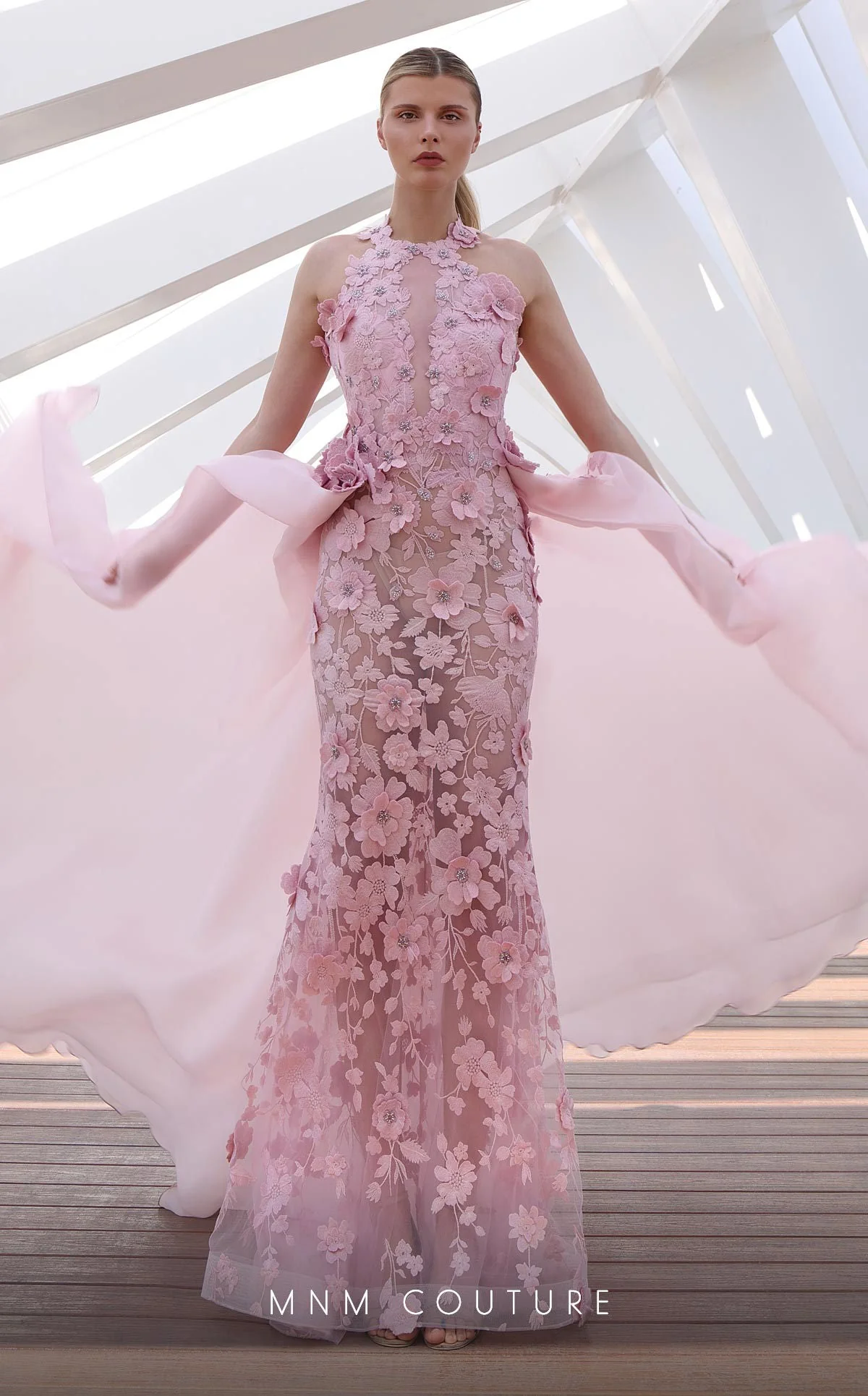 MNM Couture K4128 Pink 3D Floral Illusion Gown - Image 3