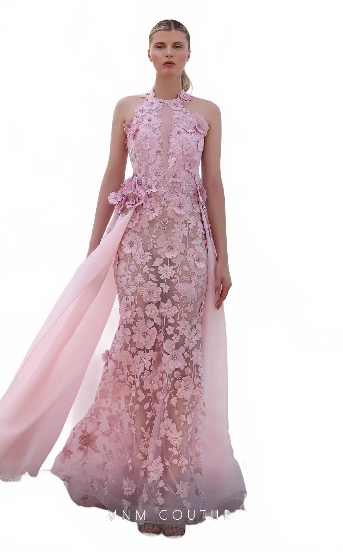 MNM Couture K4128 Pink 3D Floral Illusion Gown - Image 7