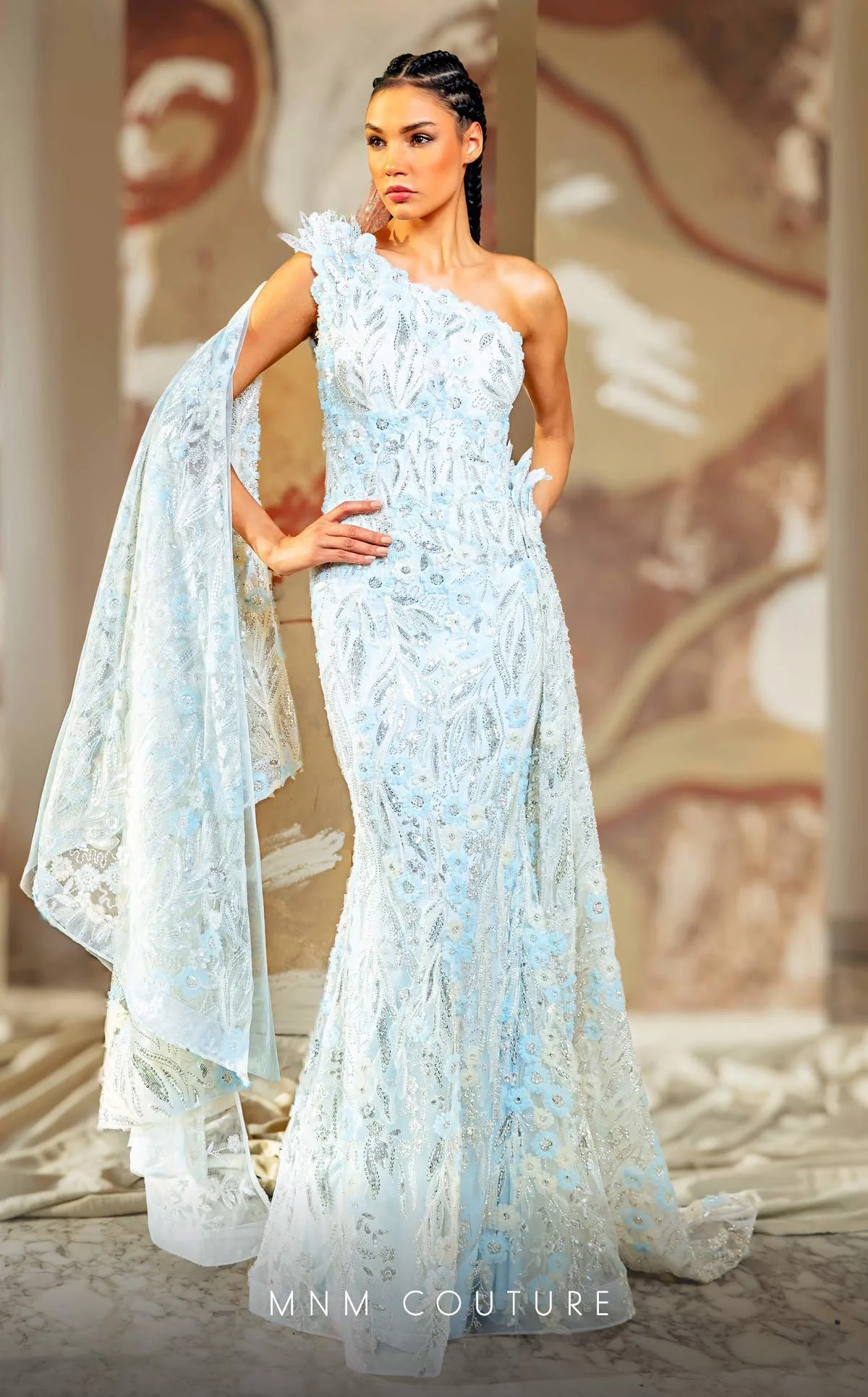 MNM Couture K4173 One-Shoulder Blue Embroidered Evening Gown - Image 2
