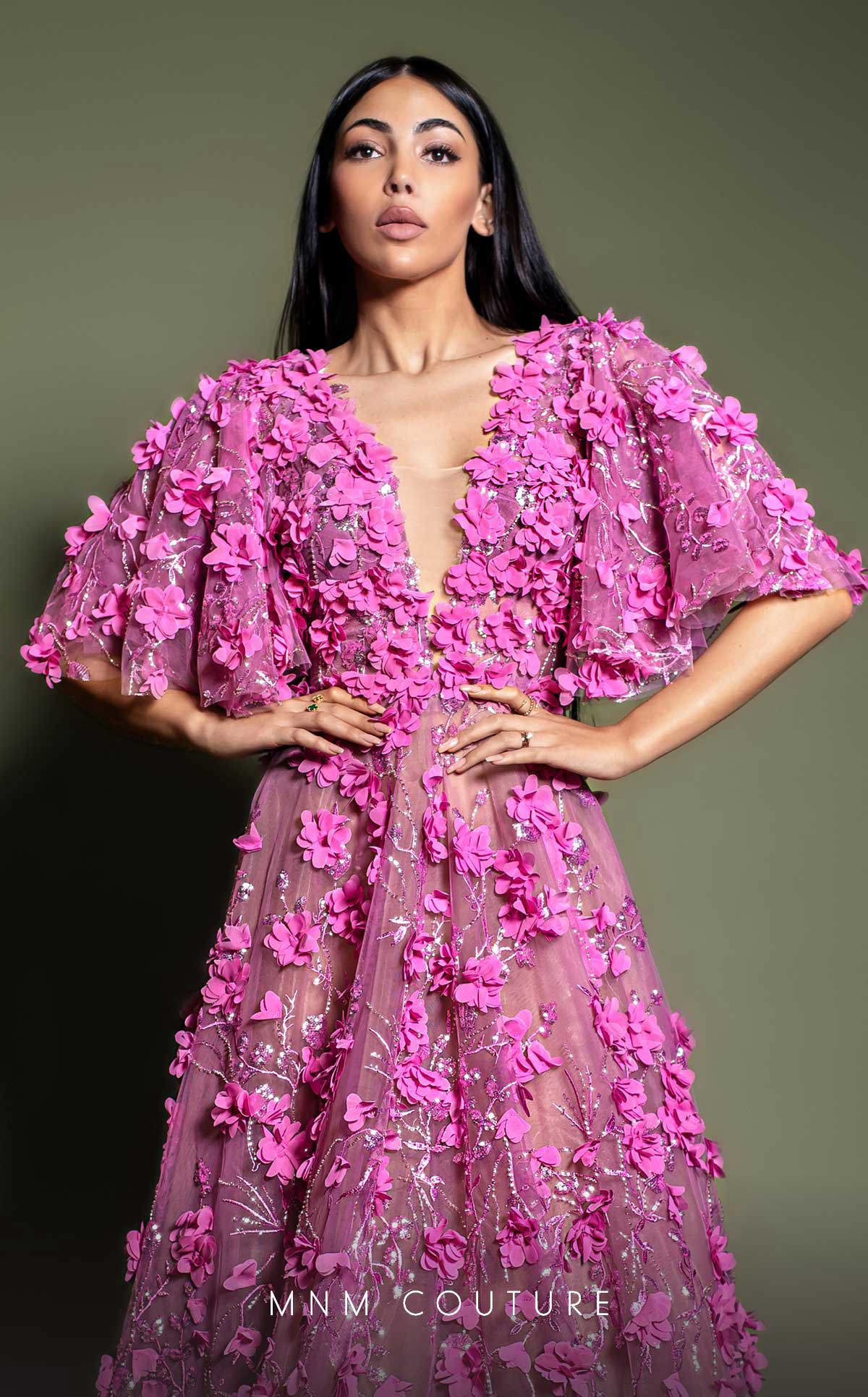 MNM Couture K4198 Fuchsia Floral Appliqué Gown - Image 2