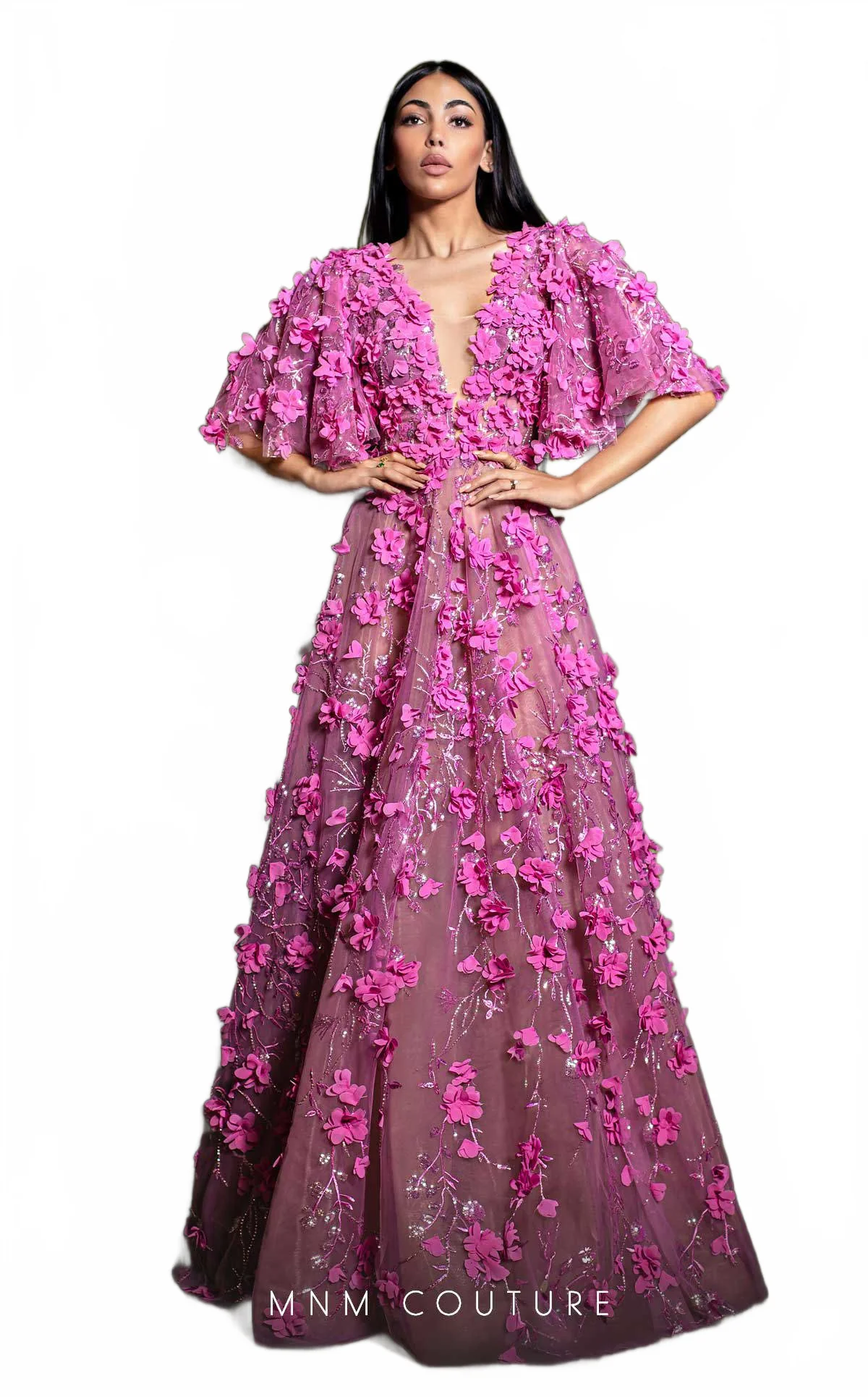 MNM Couture K4198 Fuchsia Floral Appliqué Gown - Image 3