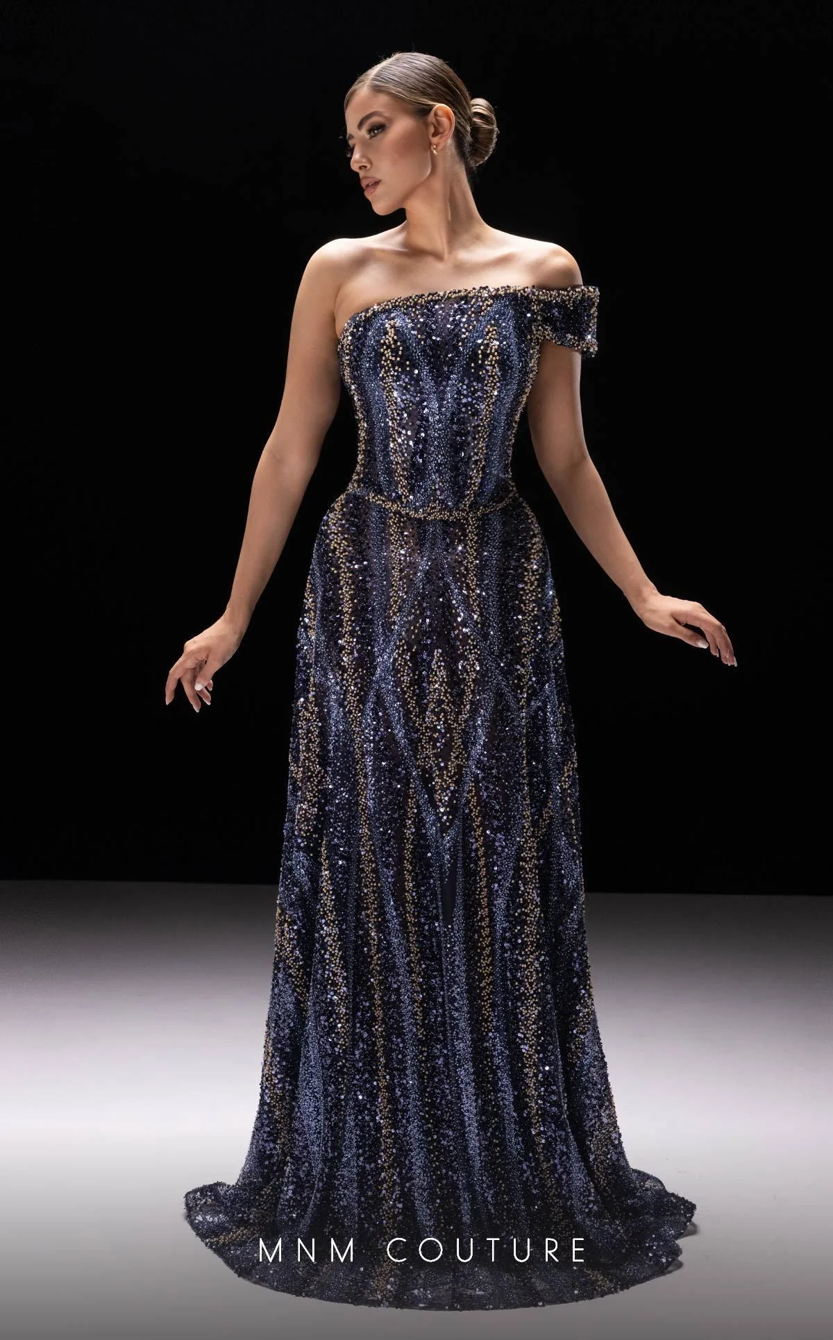 MNM Couture K4240 Navy Off-Shoulder Beaded Gown - Image 3