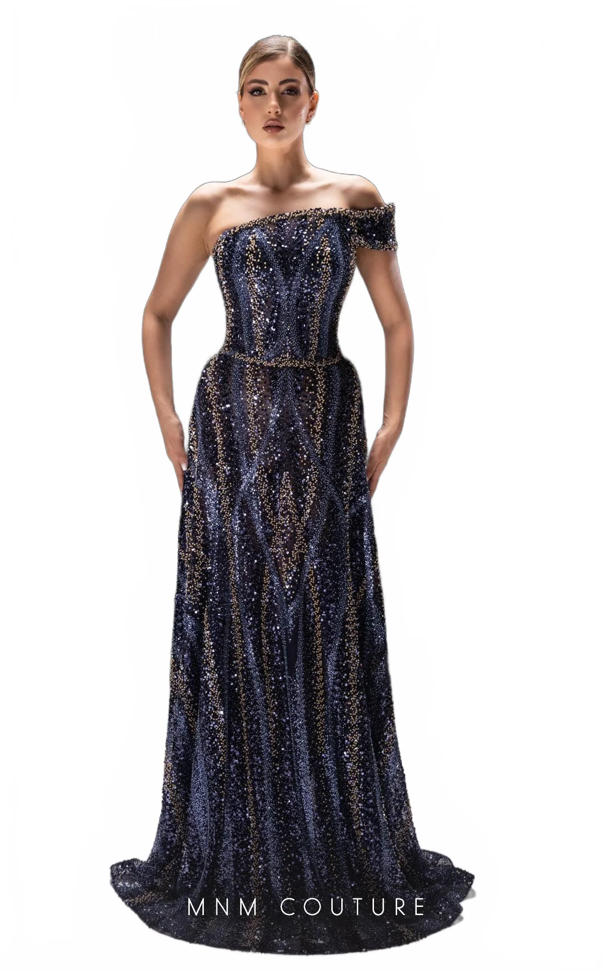 MNM Couture K4240 Navy Off-Shoulder Beaded Gown - Image 5