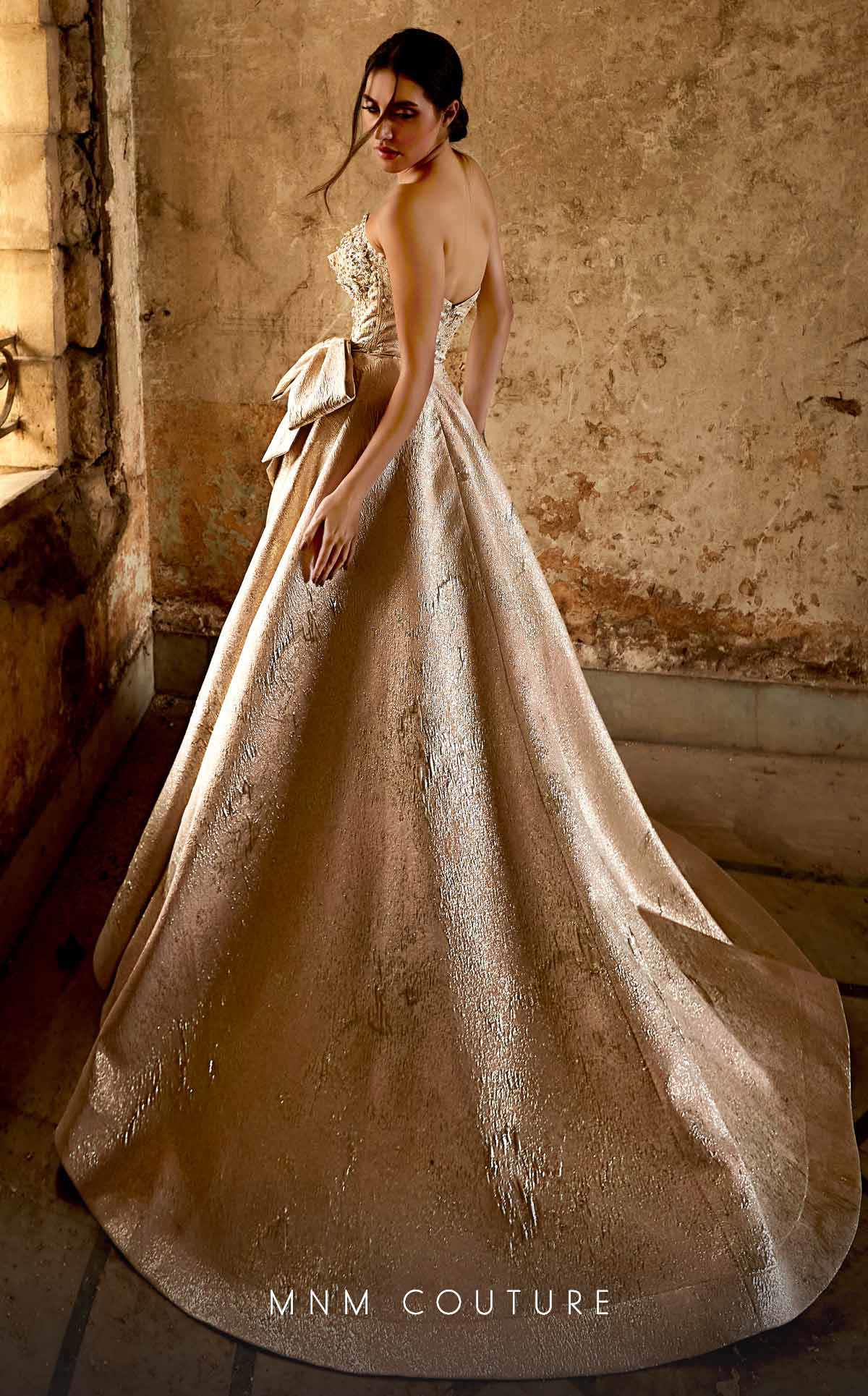 Strapless Blush Brocade Gown with Side Slit by MNM Couture - Image 2
