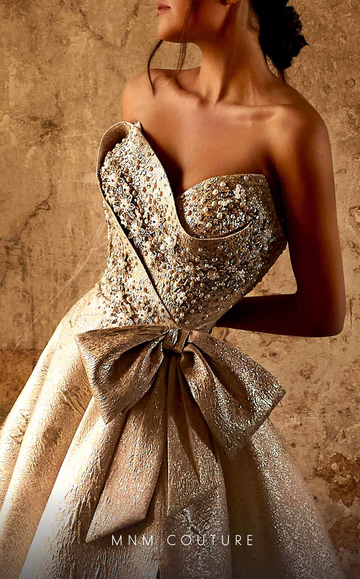Strapless Blush Brocade Gown with Side Slit by MNM Couture - Image 3