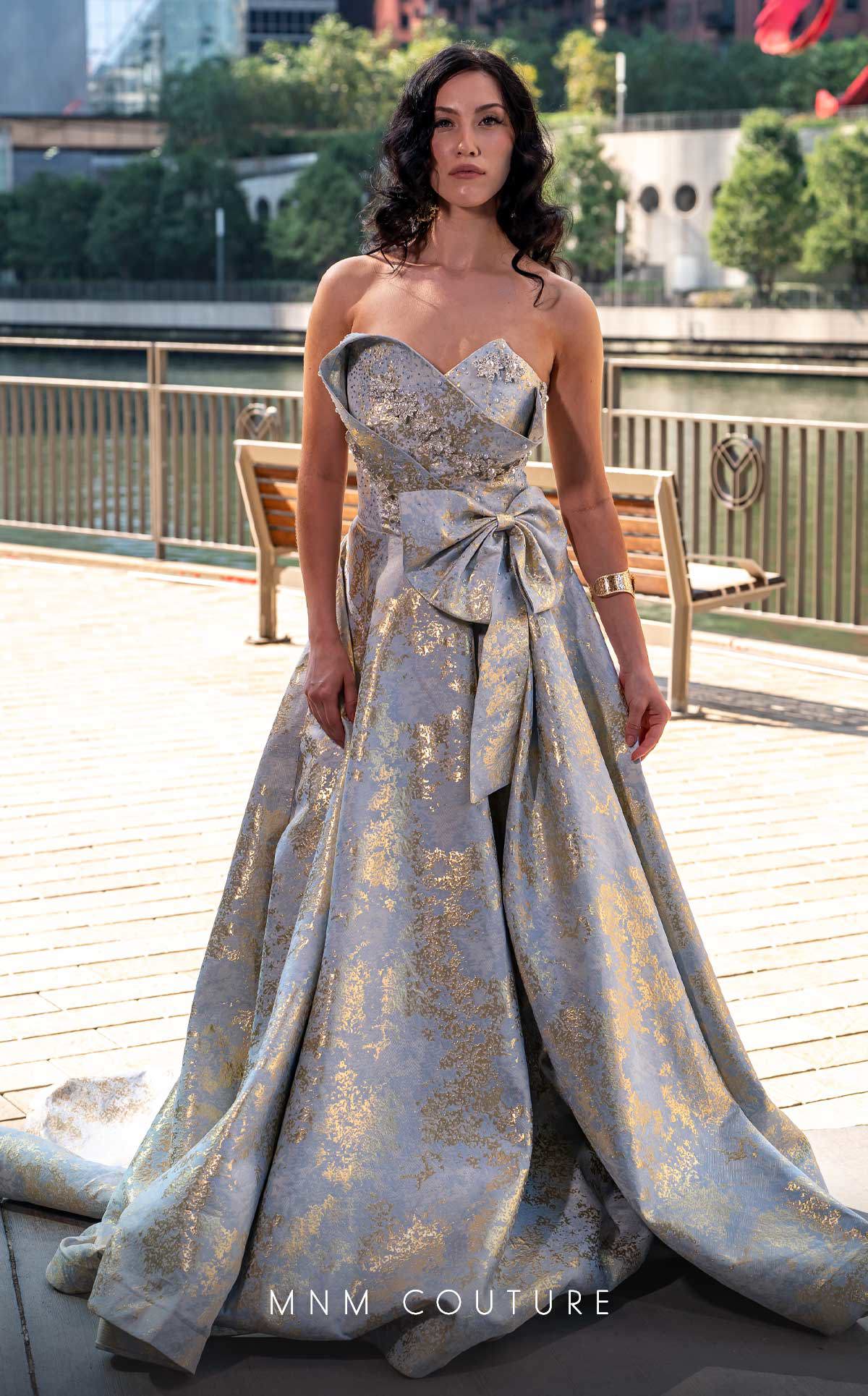 Strapless Blush Brocade Gown with Side Slit by MNM Couture - Image 7
