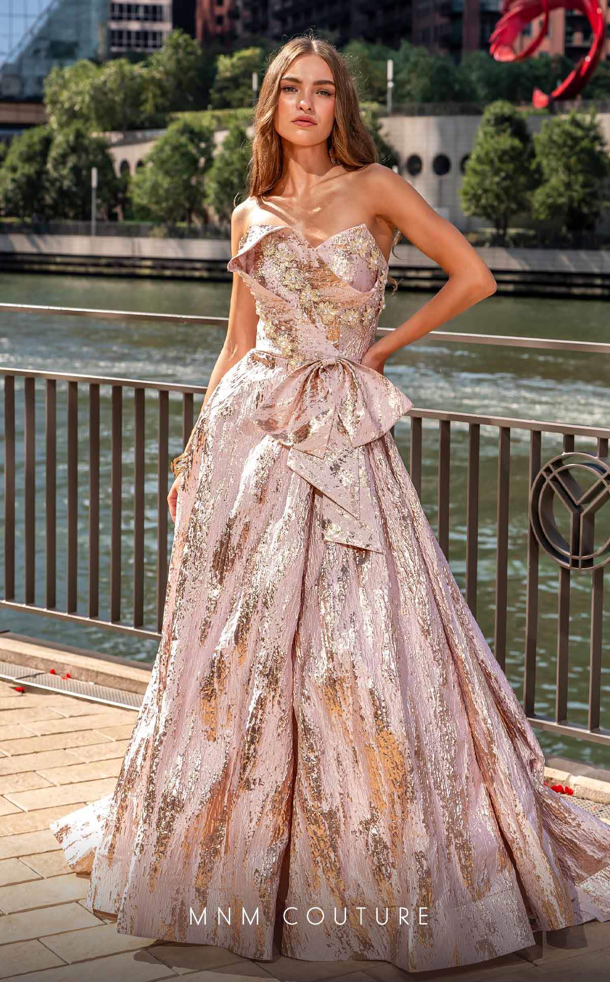 Strapless Blush Brocade Gown with Side Slit by MNM Couture - Image 8