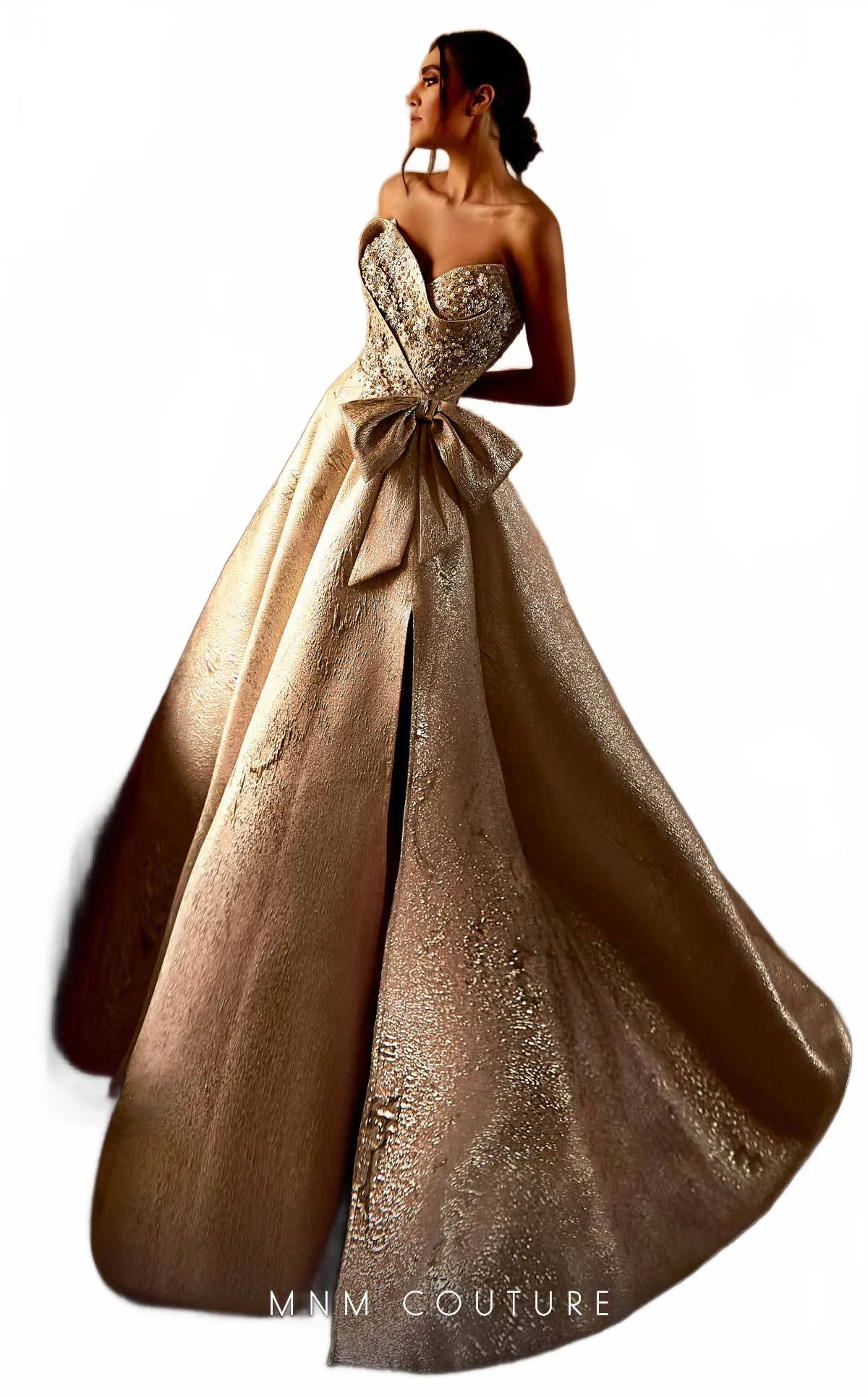 Strapless Blush Brocade Gown with Side Slit by MNM Couture - Image 9