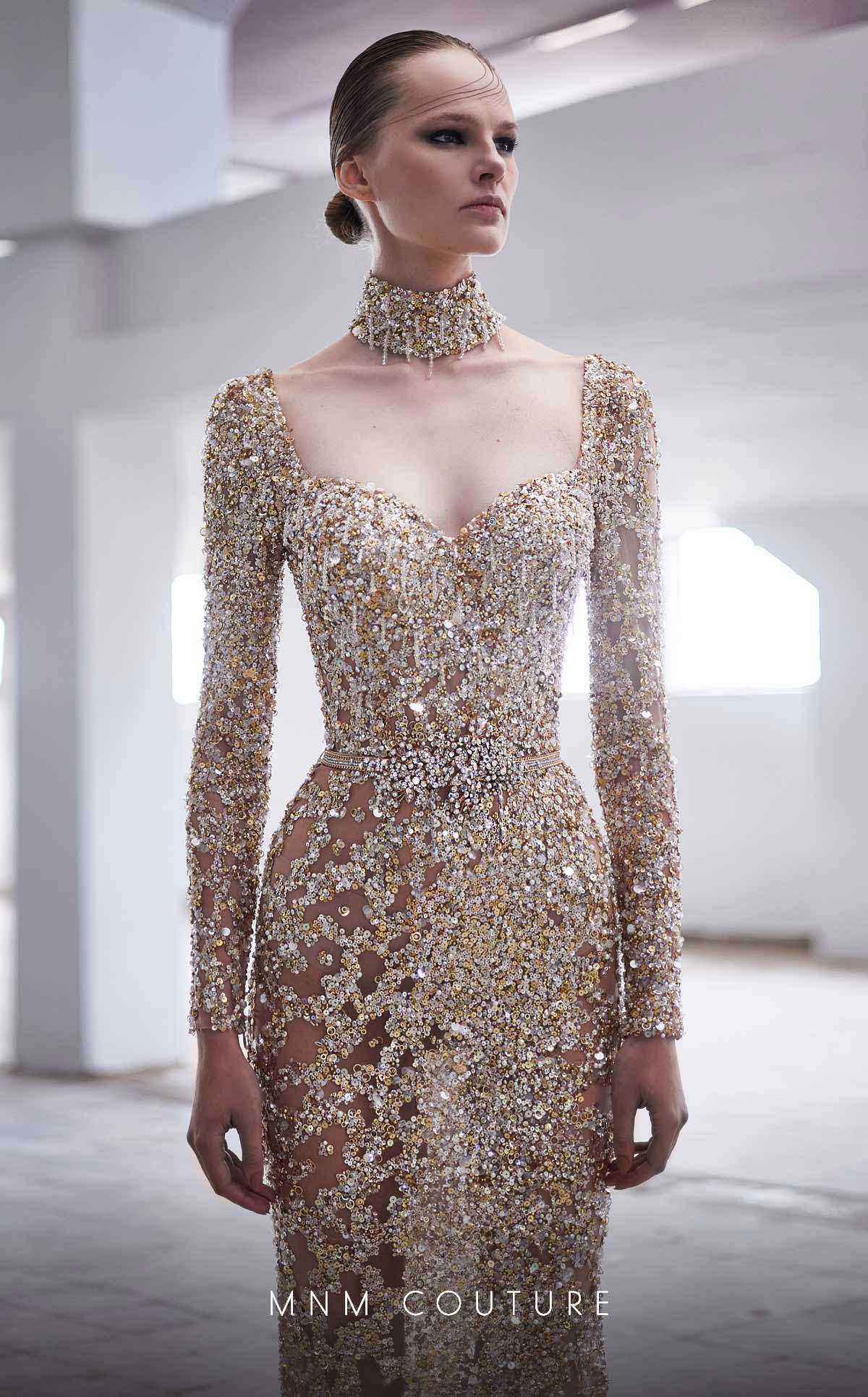 MNM Couture M1017 Embroidered Gold Tulle Evening Gown - Image 2