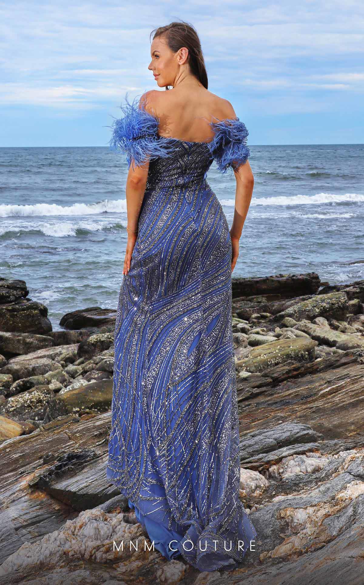 MNM Couture M1052 Off-Shoulder Feathery Mesh Embroidered Gown in Grey - Image 2