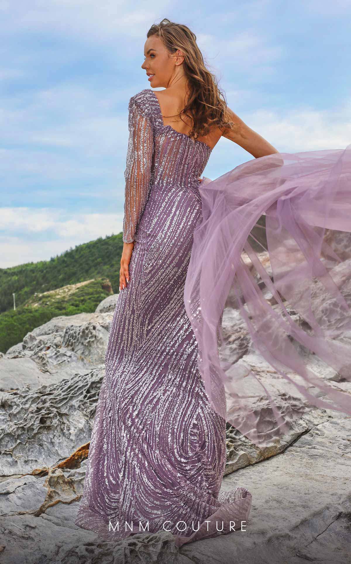 MNM Couture M1053 Asymmetric Purple Embroidered Mesh Gown - Image 2