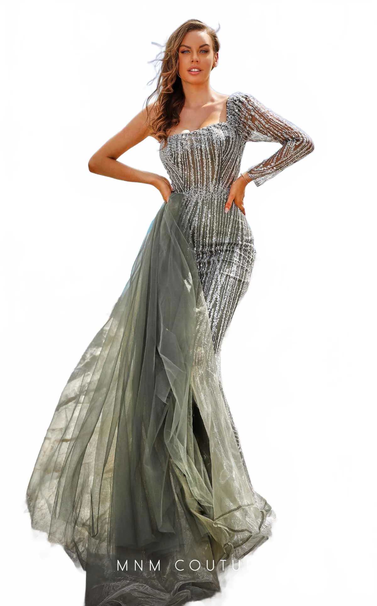 MNM Couture M1053 Asymmetric Purple Embroidered Mesh Gown - Image 6