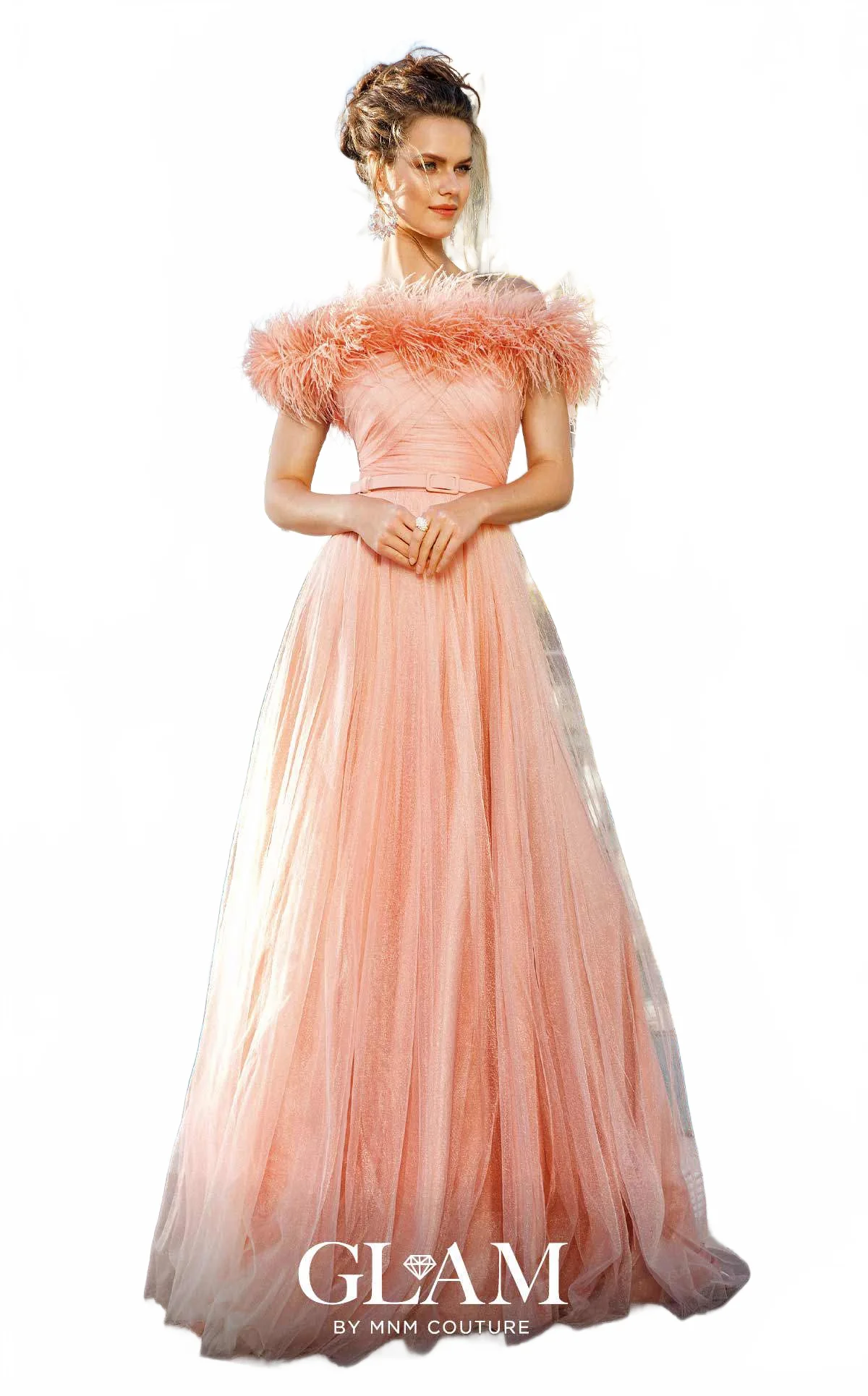 MNM Couture M1139 Off-Shoulder Feathered Tulle Evening Gown in Aqua - Image 3