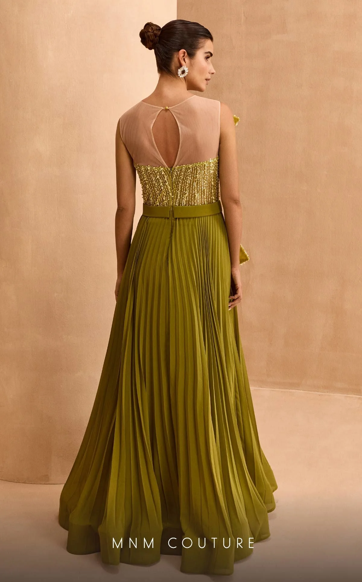 MNM Couture V07014 Green Beaded Peplum Gown with Pleated Skirt - Image 2