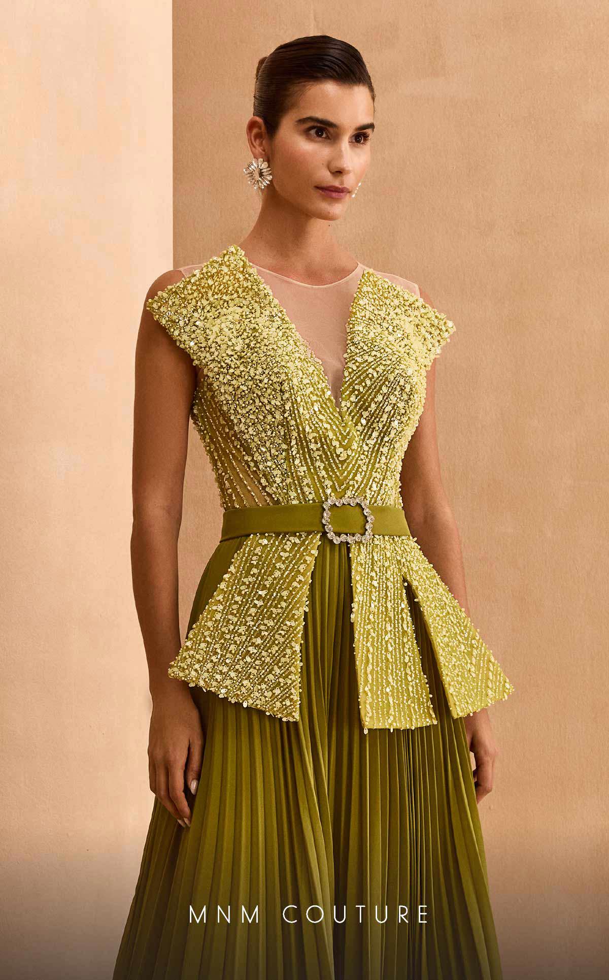 MNM Couture V07014 Green Beaded Peplum Gown with Pleated Skirt - Image 3