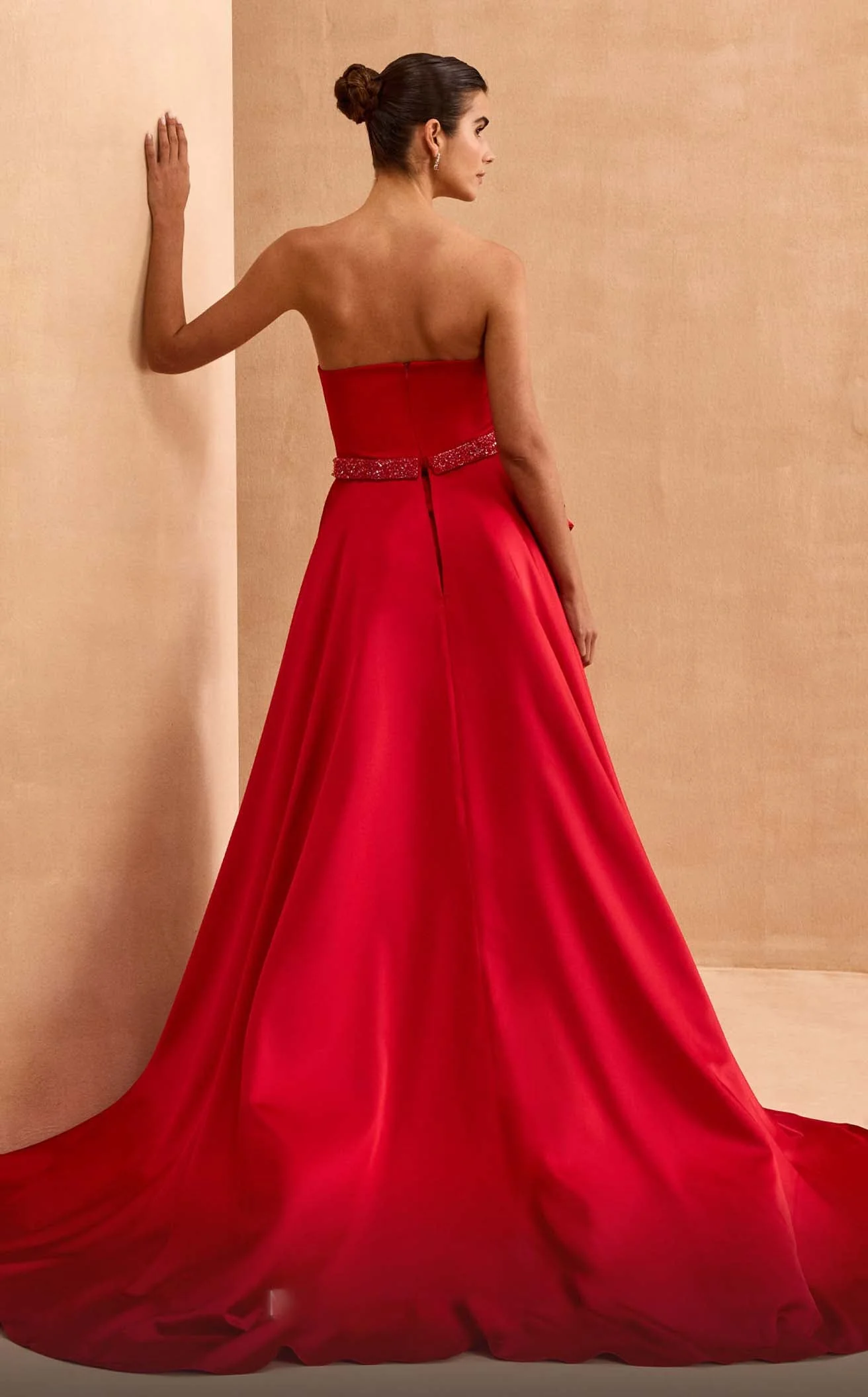 MNM Couture V07353 Strapless Green Draped Gown with Slit - Image 4