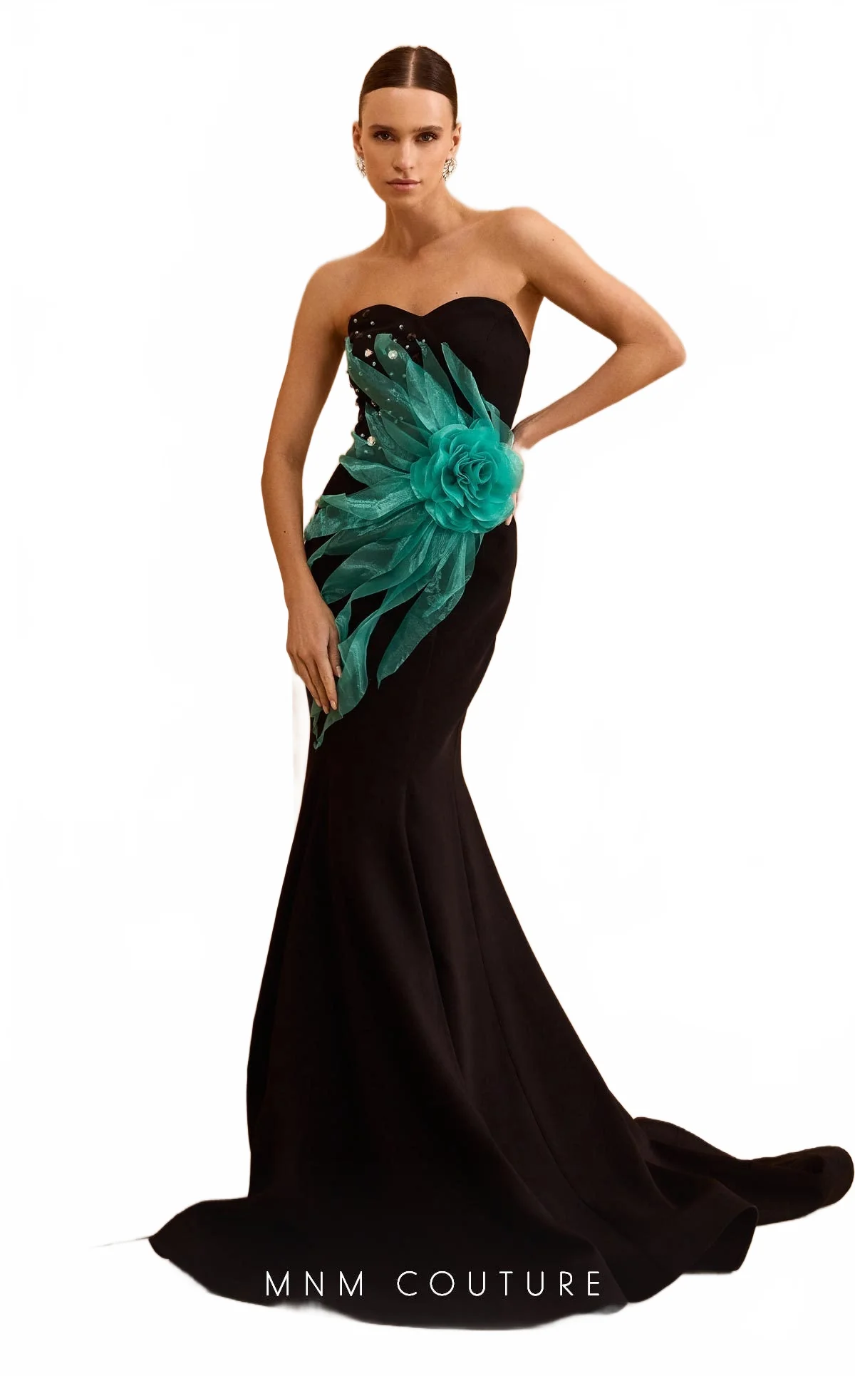 MNM Couture V07399 Strapless Gown in Black-Aqua with Dramatic Floral Detail - Image 5