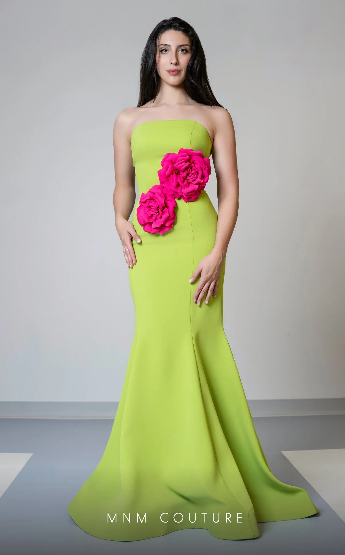 MNM Couture V07548 Strapless Blue Mermaid Gown with Roses - Image 3