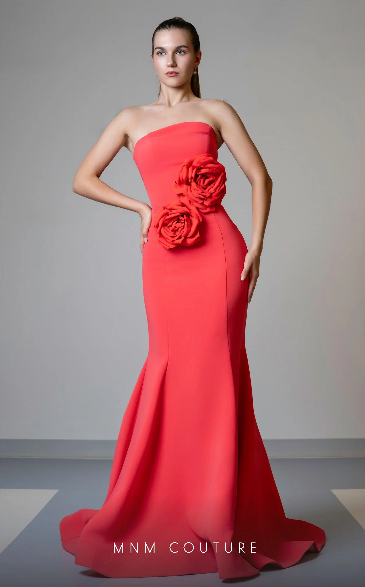 MNM Couture V07548 Strapless Blue Mermaid Gown with Roses - Image 5