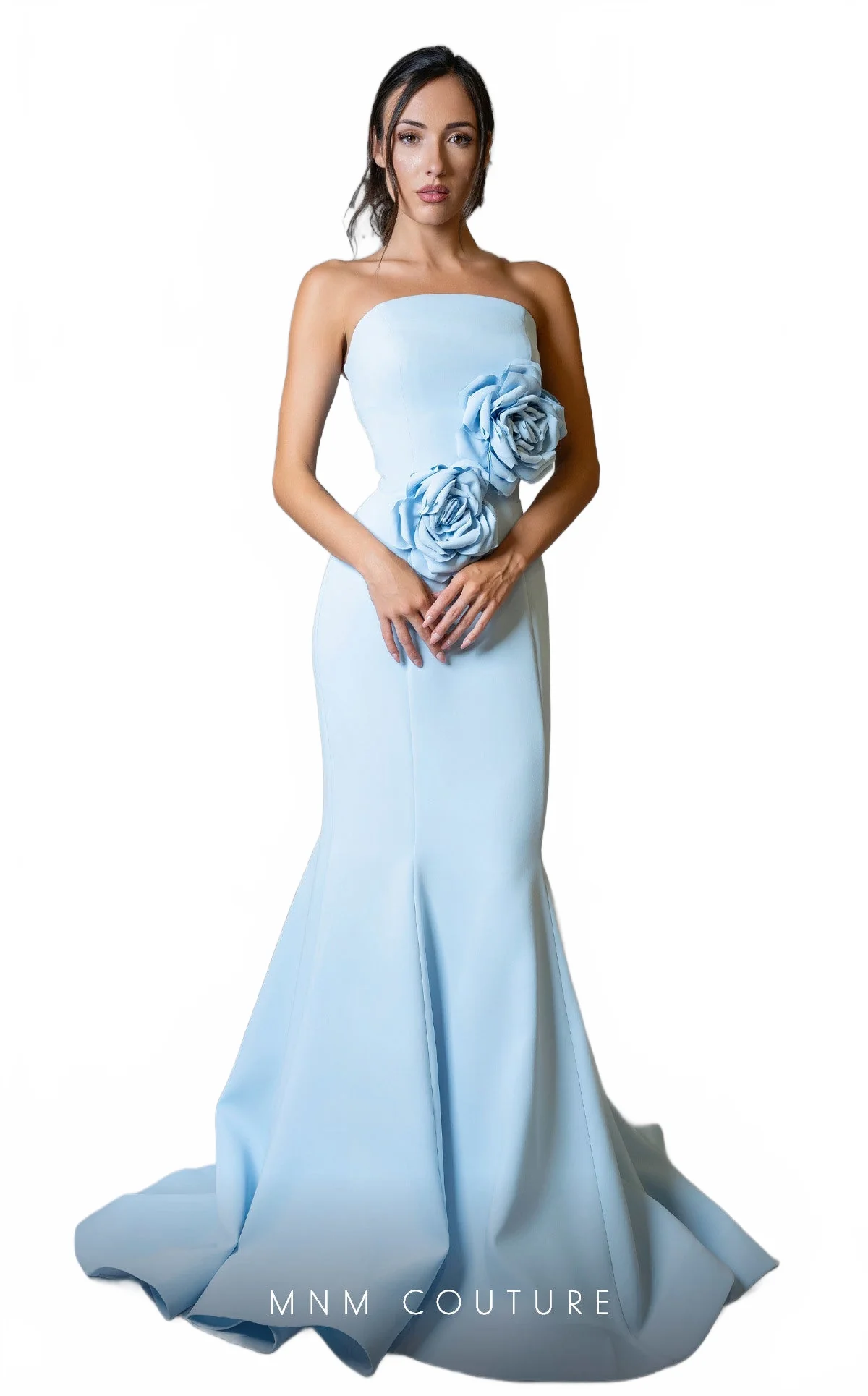 MNM Couture V07548 Strapless Blue Mermaid Gown with Roses - Image 7