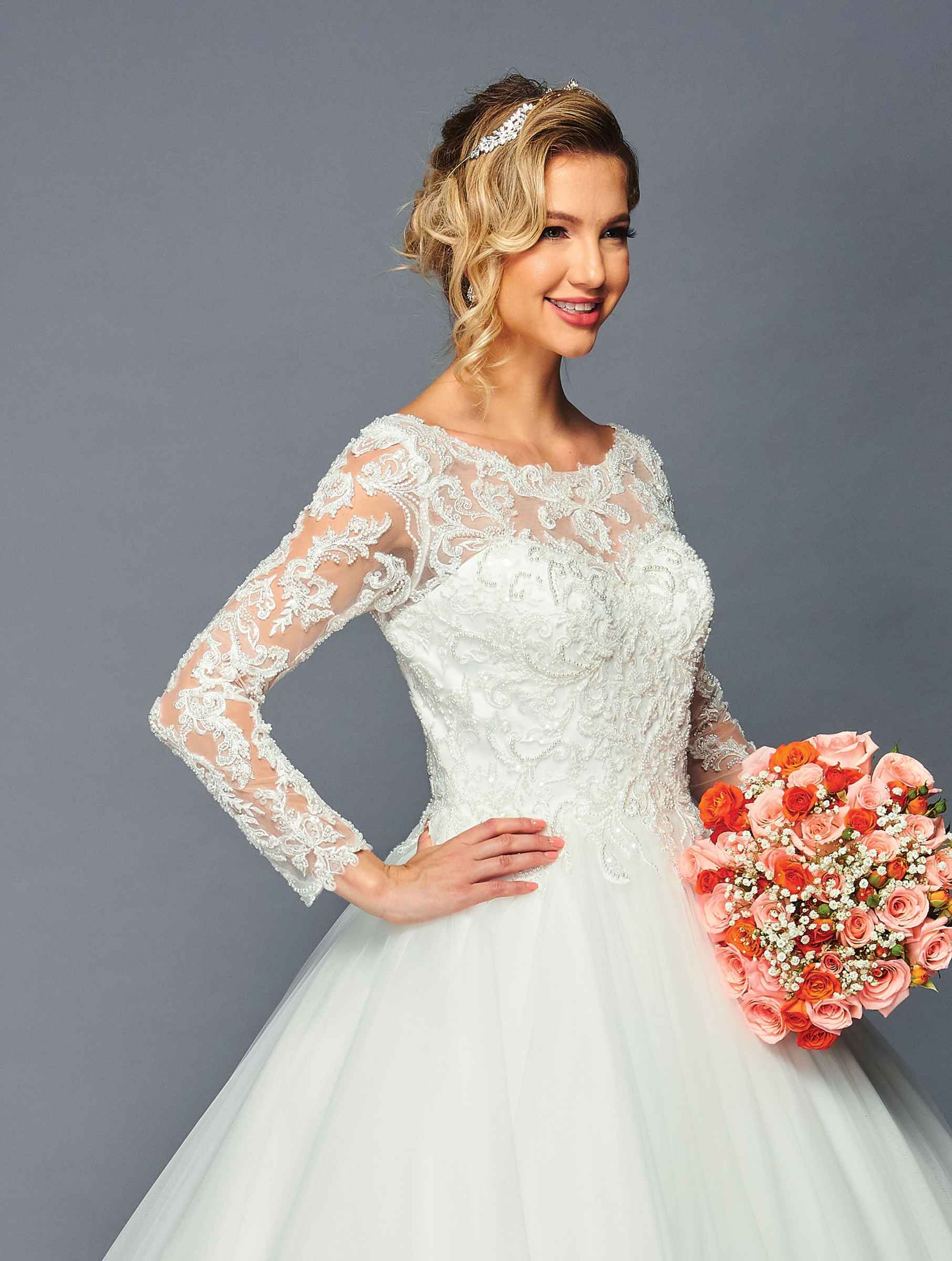 DeKlaire 471 A-Line Ballgown Wedding Dress with Boat Neck & Long Sleeves - Image 3