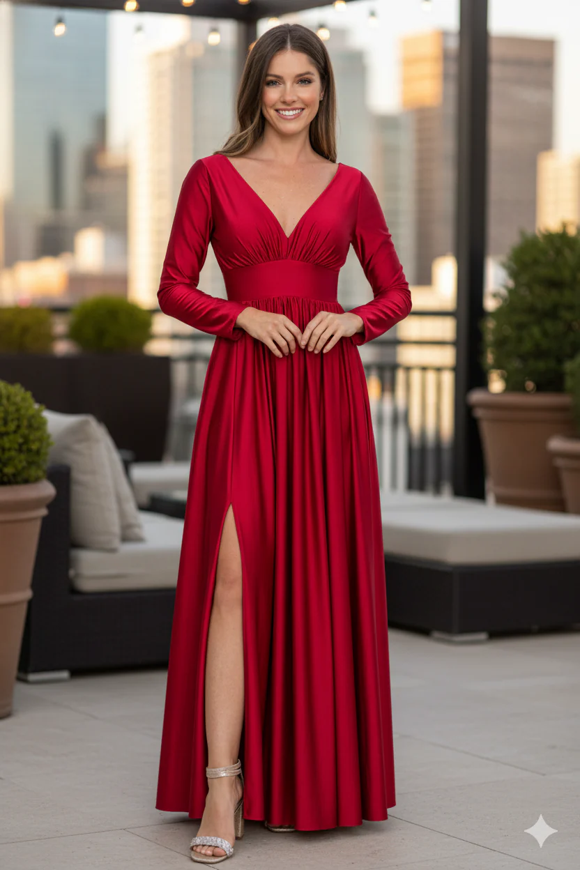 Wedding Dress Deep V-Neck Long Sleeve Engagement Gown - Image 5
