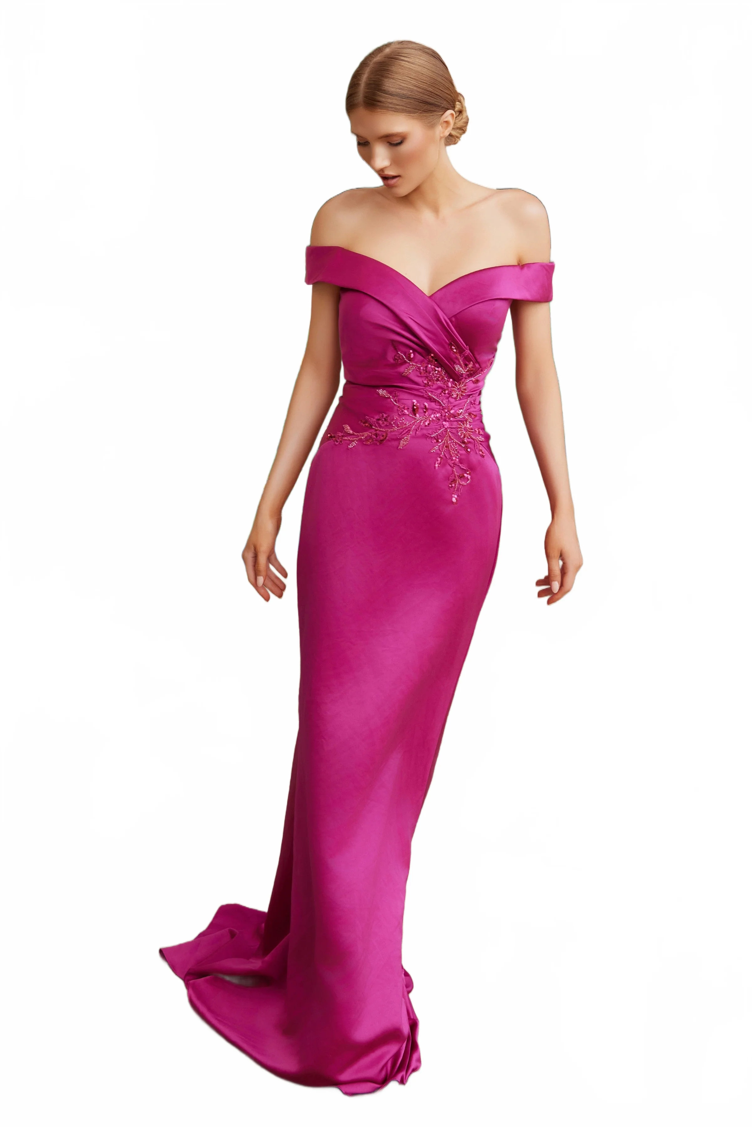 Nox Anabel MT108 Stunning Off-Shoulder Satin Fitted Gown - Image 19