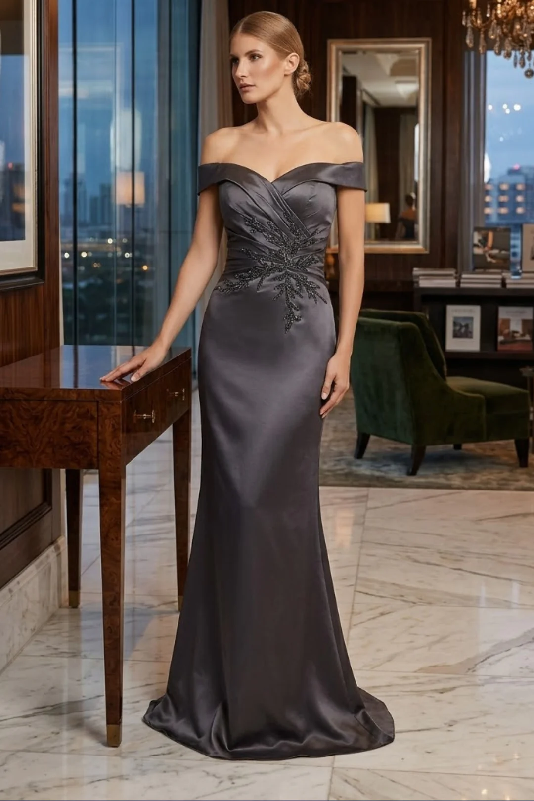 Nox Anabel MT108 Stunning Off-Shoulder Satin Fitted Gown - Image 4