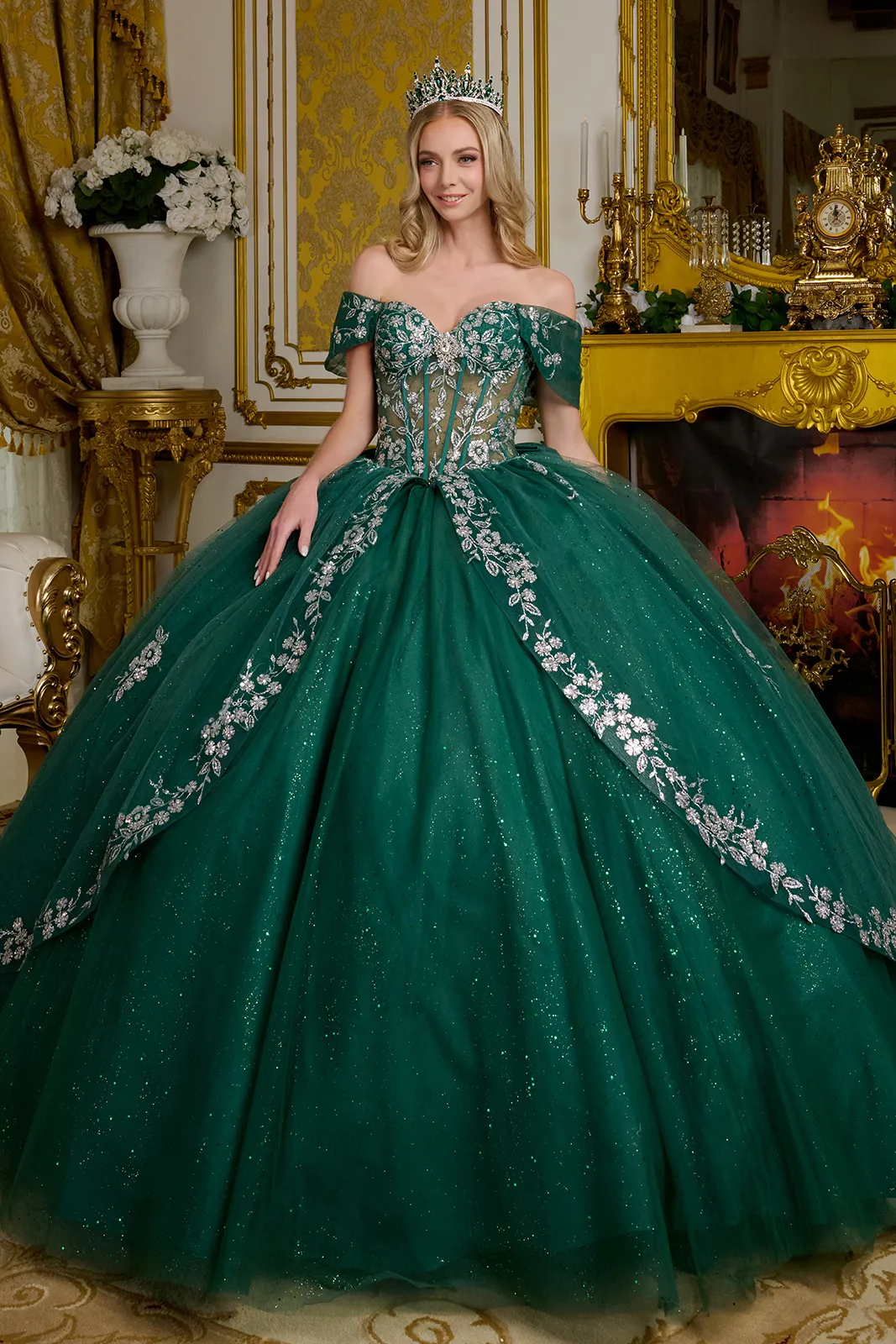 Green and Silver Quinceanera Dress Off Shoulder Ball Gown by Elizabeth K GL3636 - Image 2