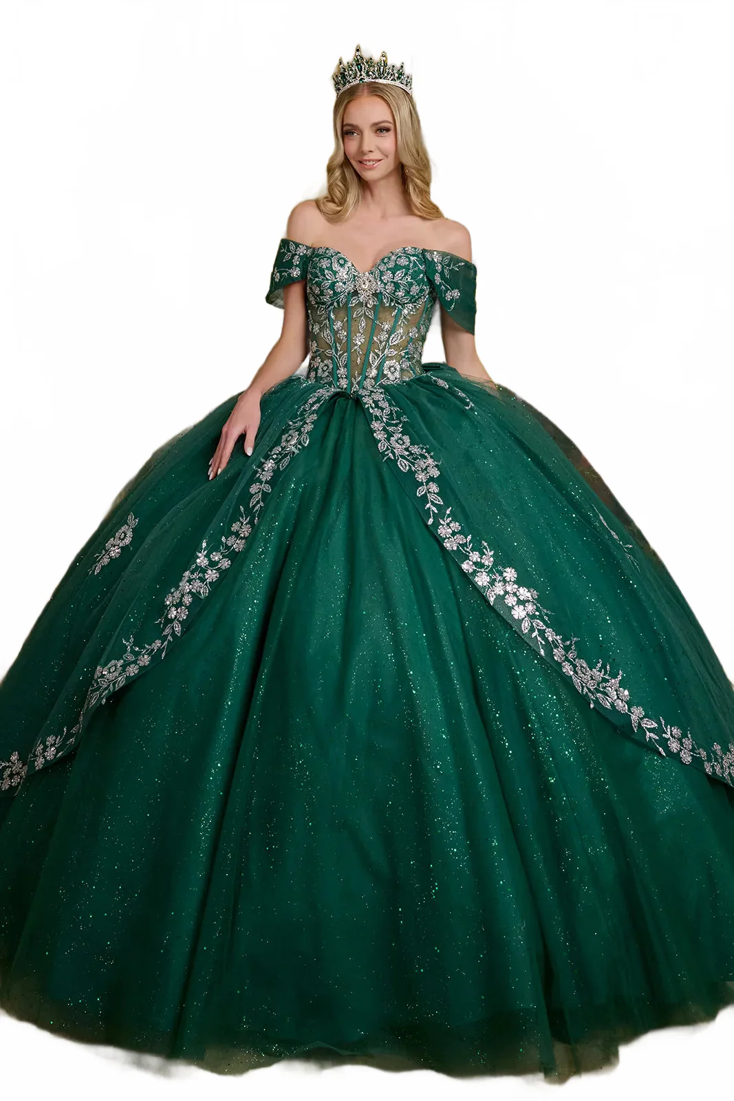 Green and Silver Quinceanera Dress Off Shoulder Ball Gown by Elizabeth K GL3636 - Image 7