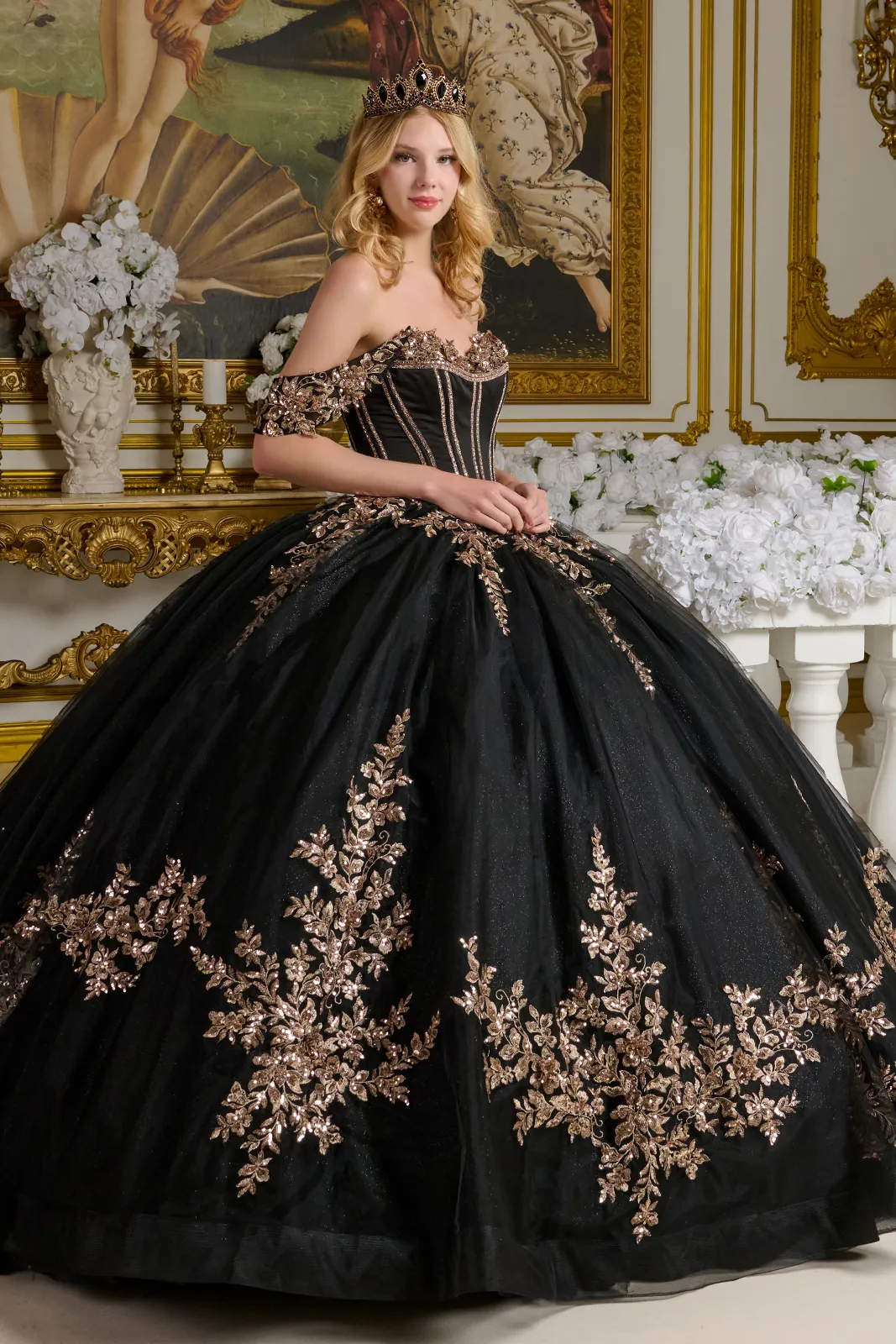 Black and Gold Quince Dress Off Shoulder Ball Gown by Elizabeth K GL3640 - Image 2
