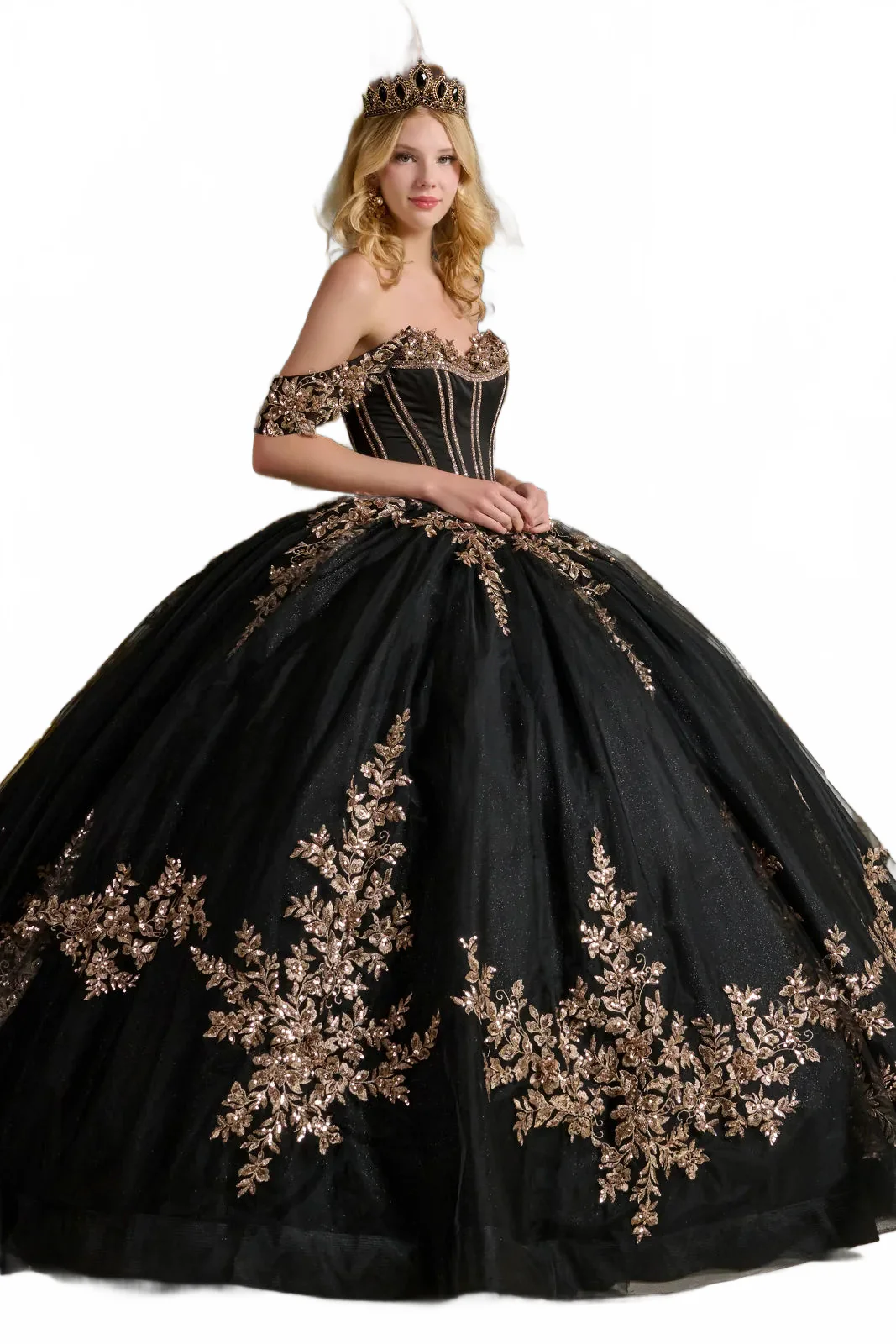 Black and Gold Quince Dress Off Shoulder Ball Gown by Elizabeth K GL3640 - Image 7