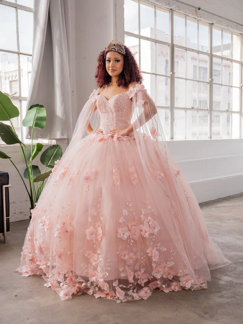 Floral Quinceanera Dress Off-Shoulder Cape Sleeve Ball Gown by Calla SCL-30007 - Image 5