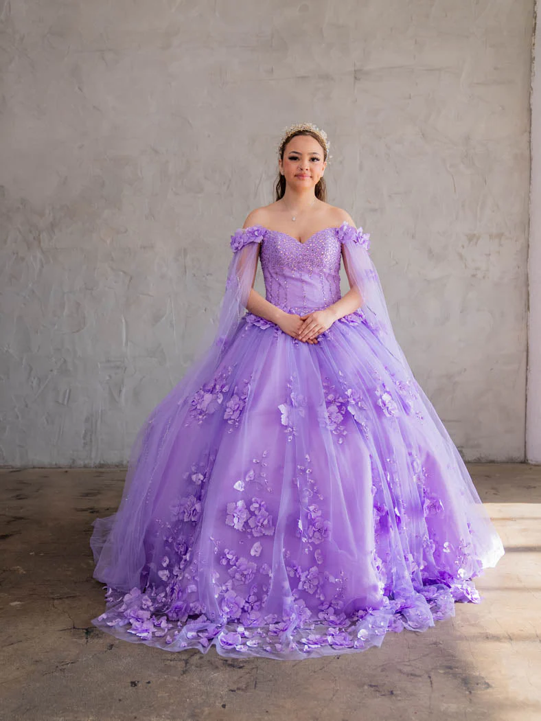 Floral Quinceanera Dress Off-Shoulder Cape Sleeve Ball Gown by Calla SCL-30007 - Image 6