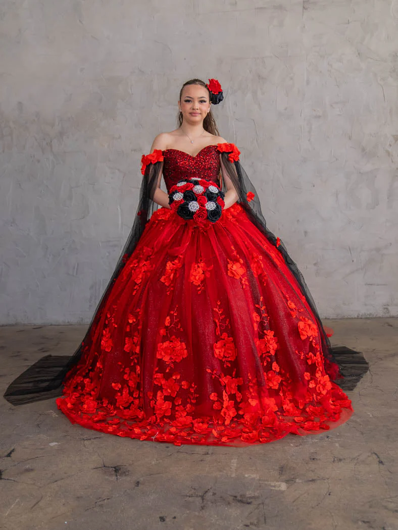 Floral Quinceanera Dress Off-Shoulder Cape Sleeve Ball Gown by Calla SCL-30007 - Image 7